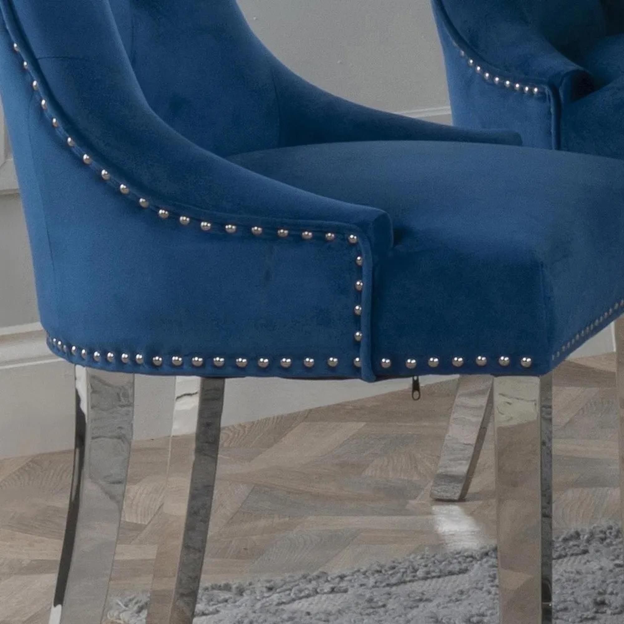 Knocker Back Dining Chair - Blue Velvet Fabric - Chrome Legs