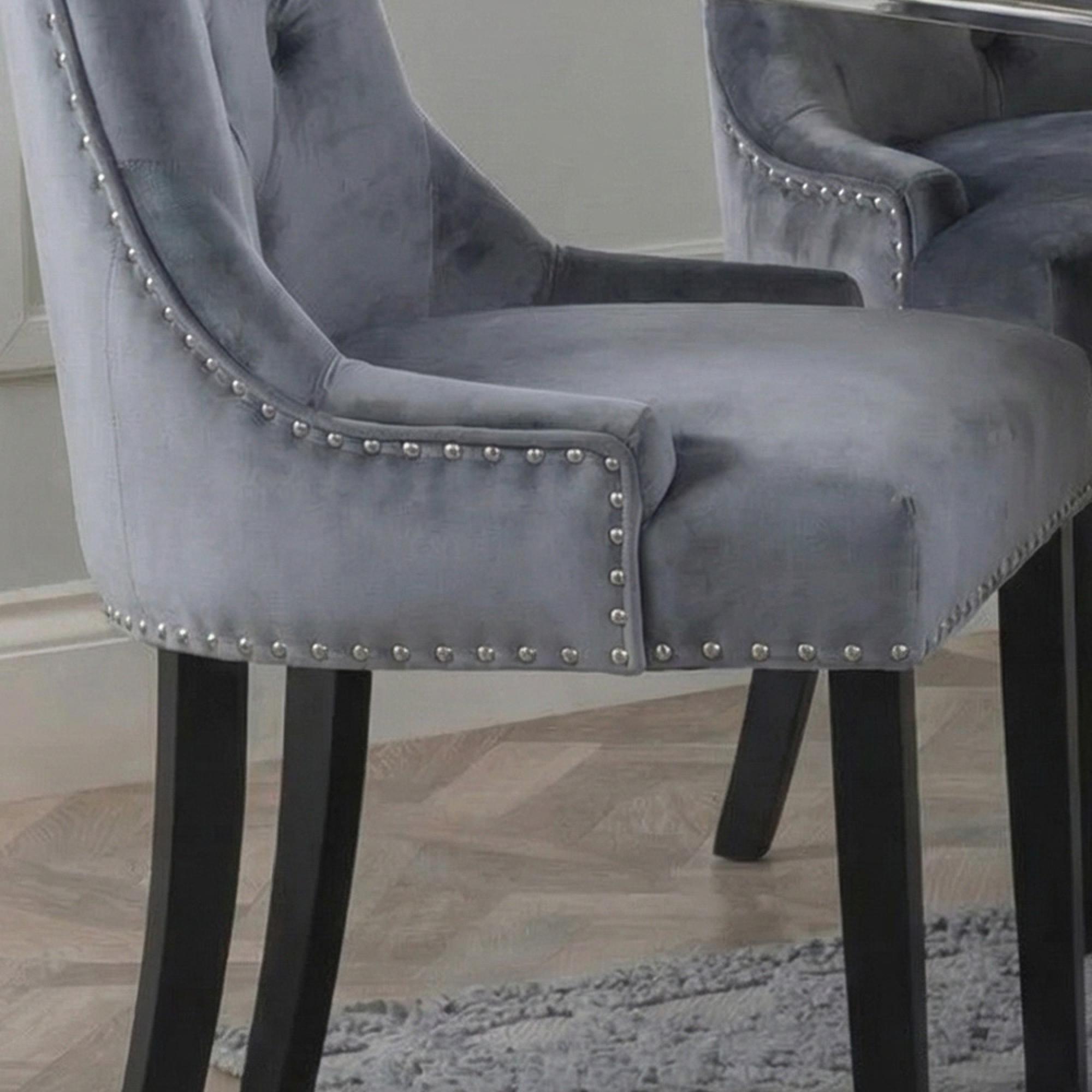 Knocker Back Dining Chair - Grey Velvet Fabric - Black Wooden Legs