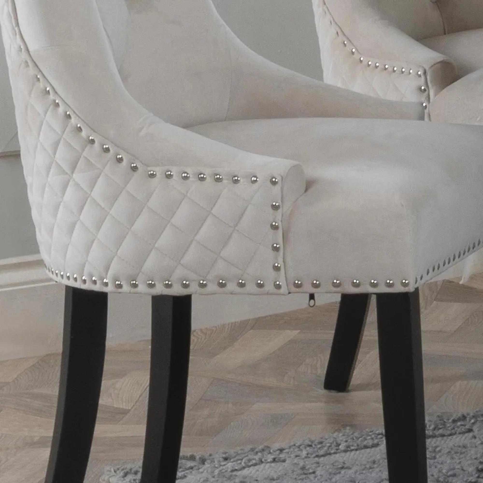 Lion Knocker Back Dining Chair - Champagne Velvet Fabric - Black Wooden Legs