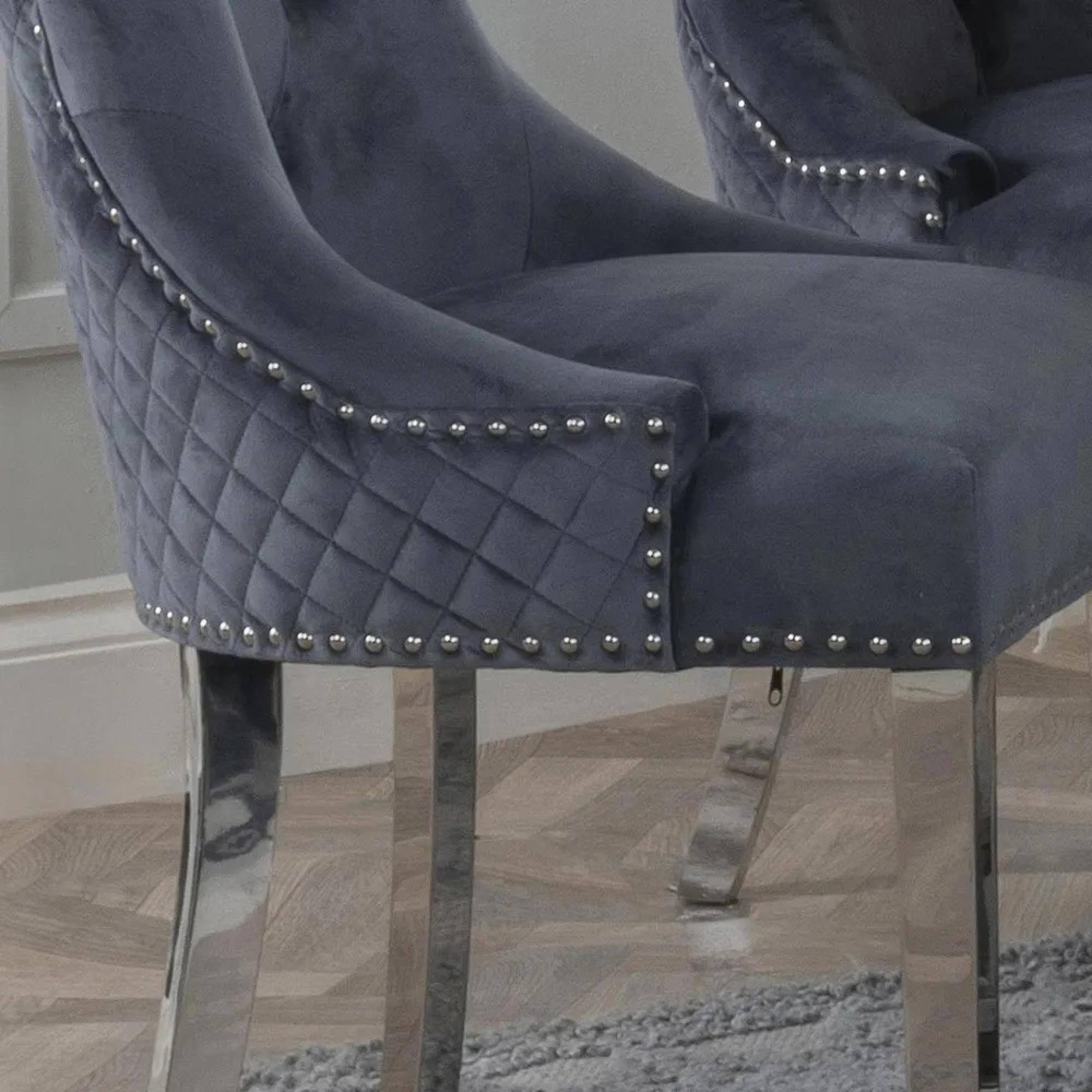 Lion Knocker Back Dining Chair - Grey Velvet Fabric - Chrome Legs
