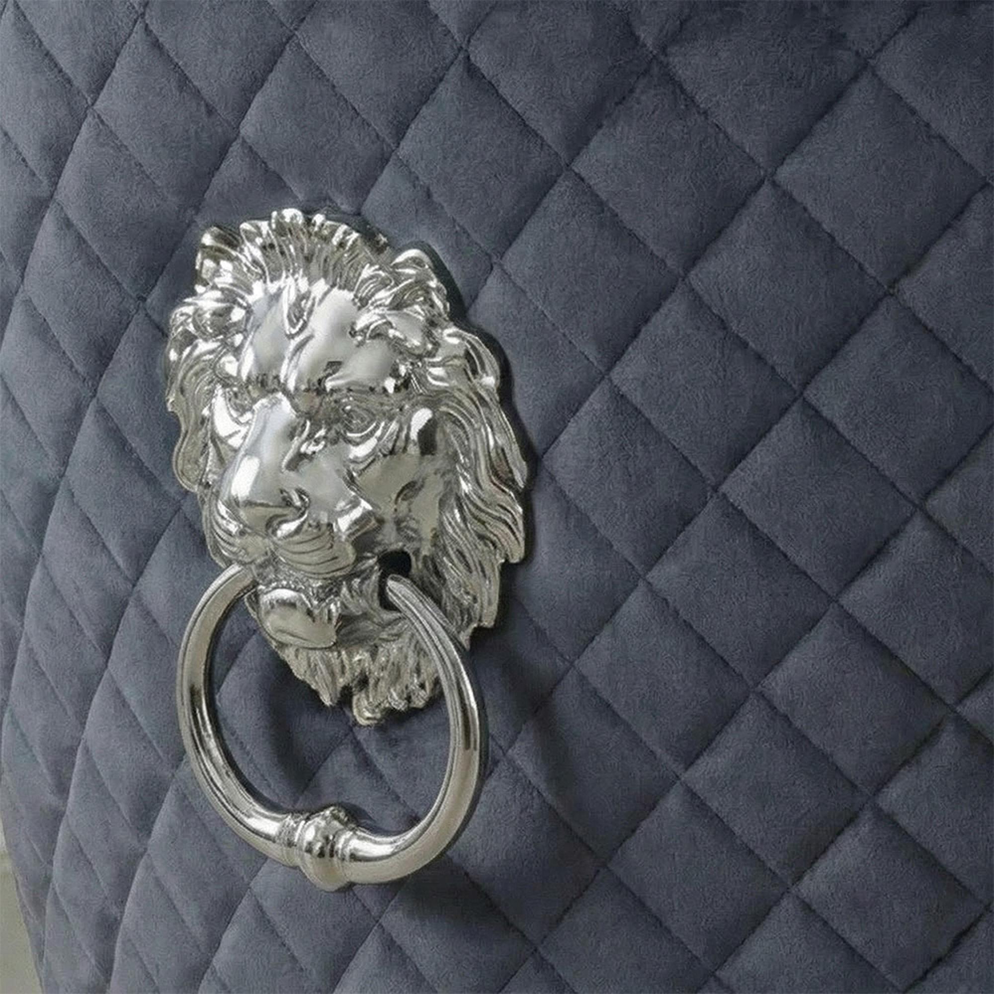 Lion Knocker Back Dining Chair - Grey Velvet Fabric - Chrome Legs