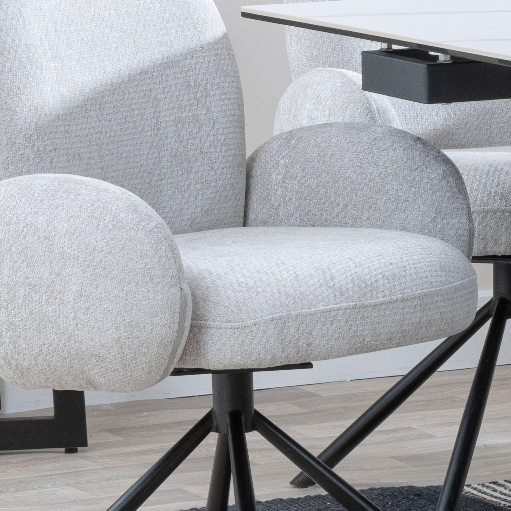 Theo Dining Armchair - Swivel - Grey Fabric - Black Legs