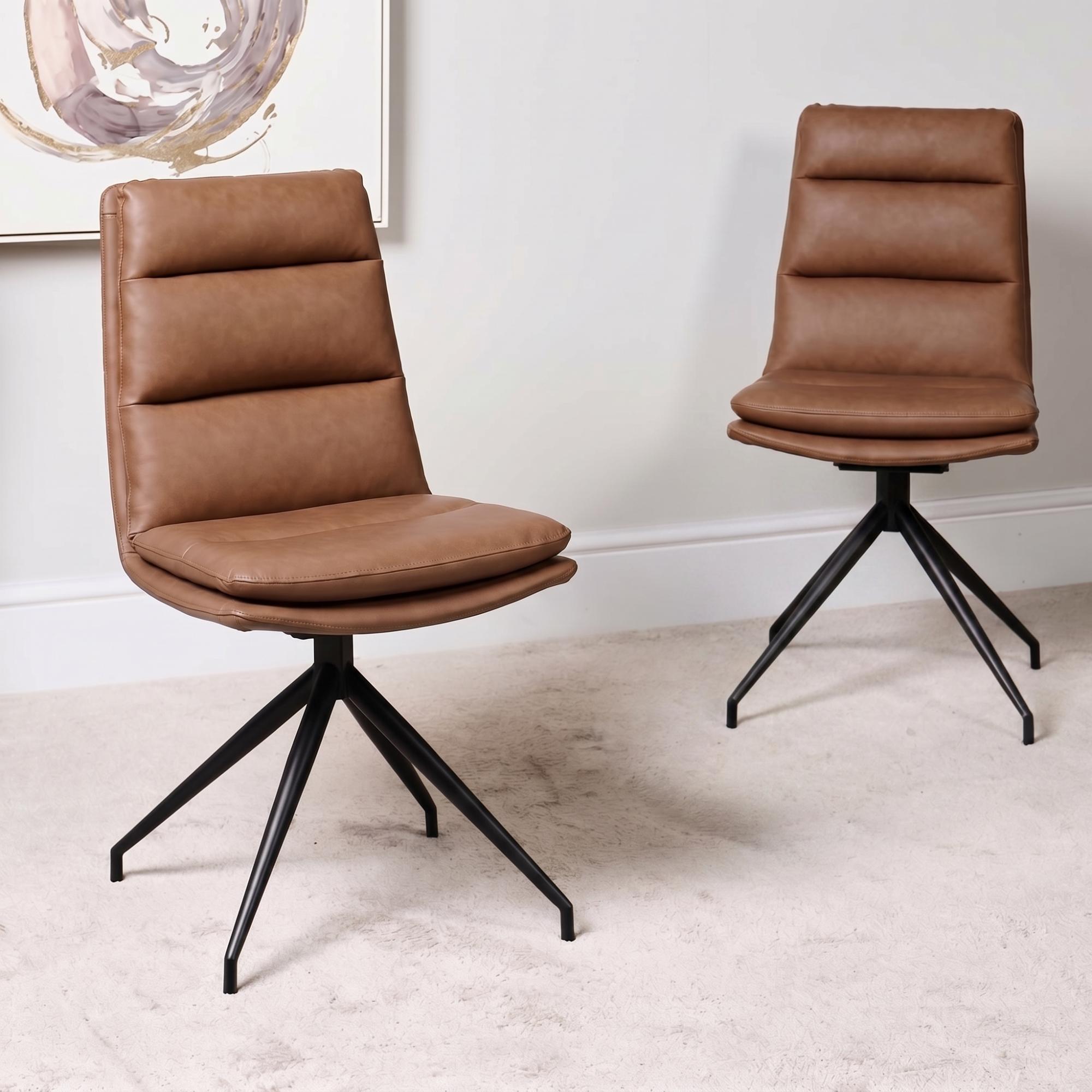 Nobo Swivel Dining Chair - Set of 2 - Tan Faux Leather - Black Legs