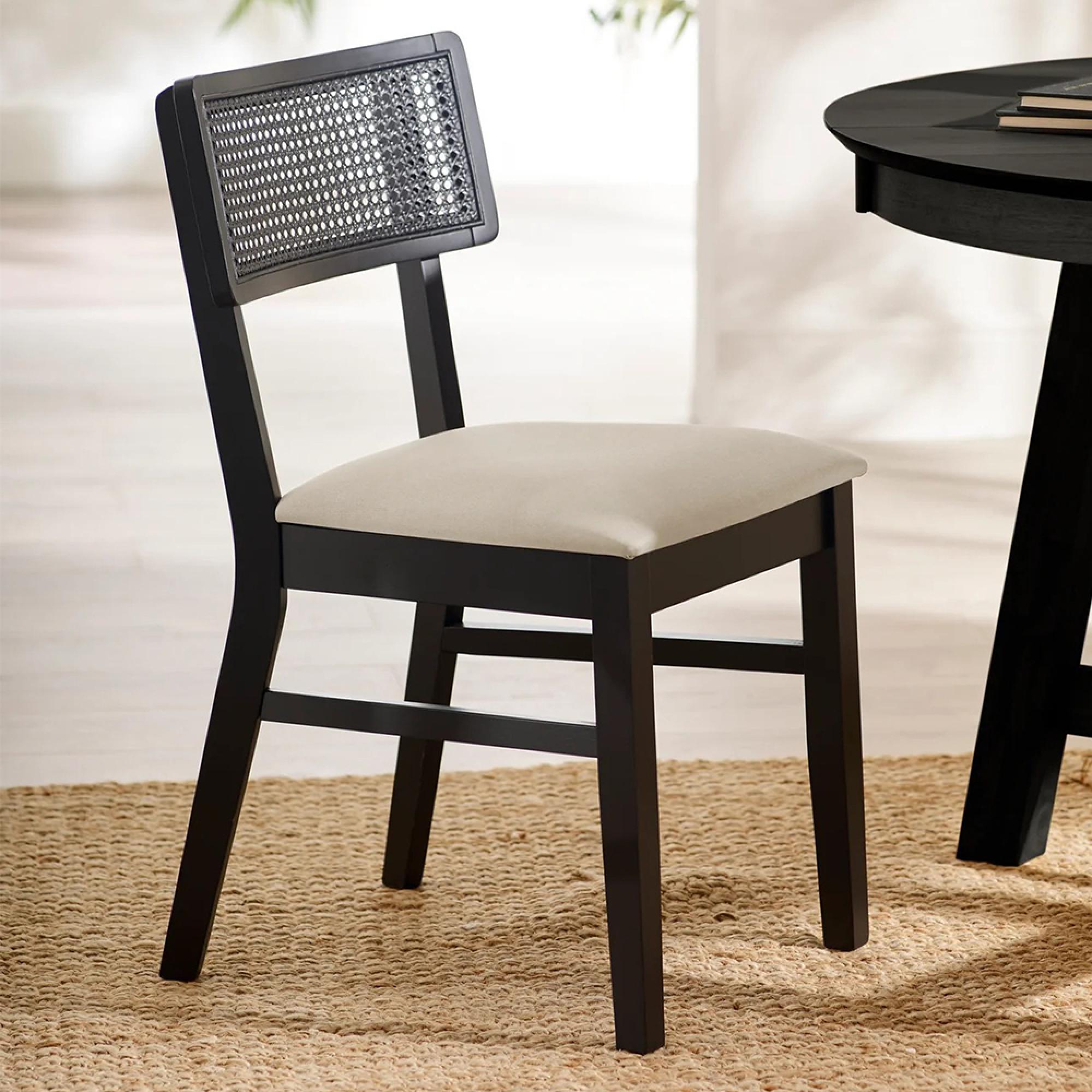 Annika Dining Chair - Set of 2 - Black and Beige - Rattan and Fabric