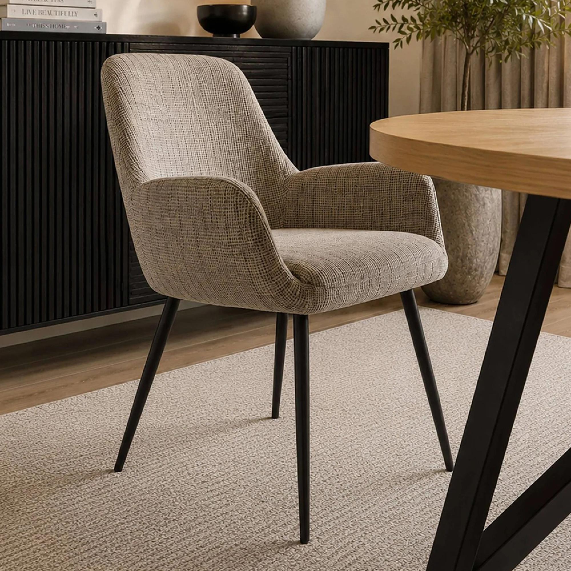 Barley Dining Armchair - Set of 2 - Cream Chenille and Black - Fabric and Metal