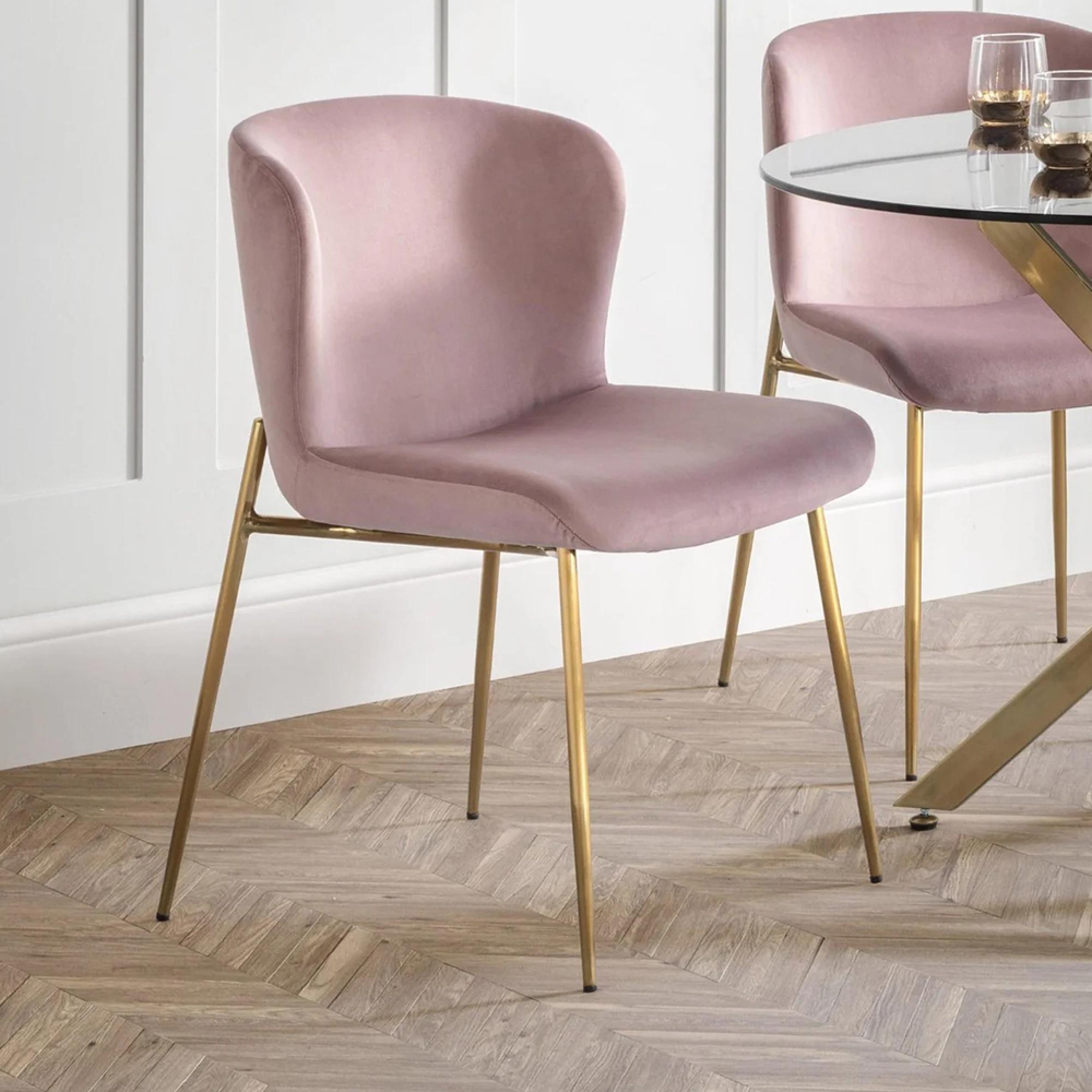 Harper Dining Chair - Set of 2 - Curved Back - Dusky Pink and Gold - Fabric and Metal