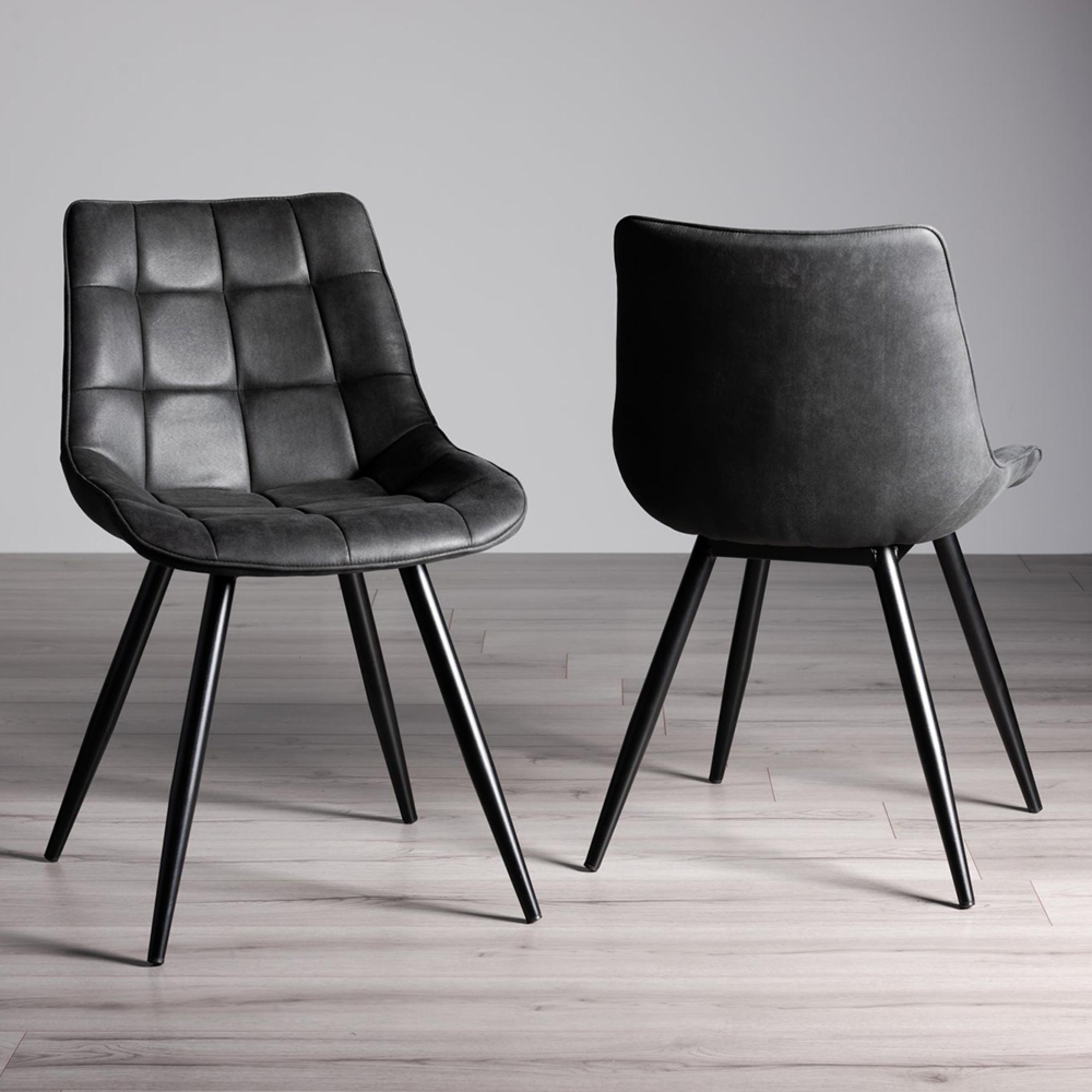 Seurat Dining Chairs - Set of 2 - Dark Grey Faux Suede - Black Legs