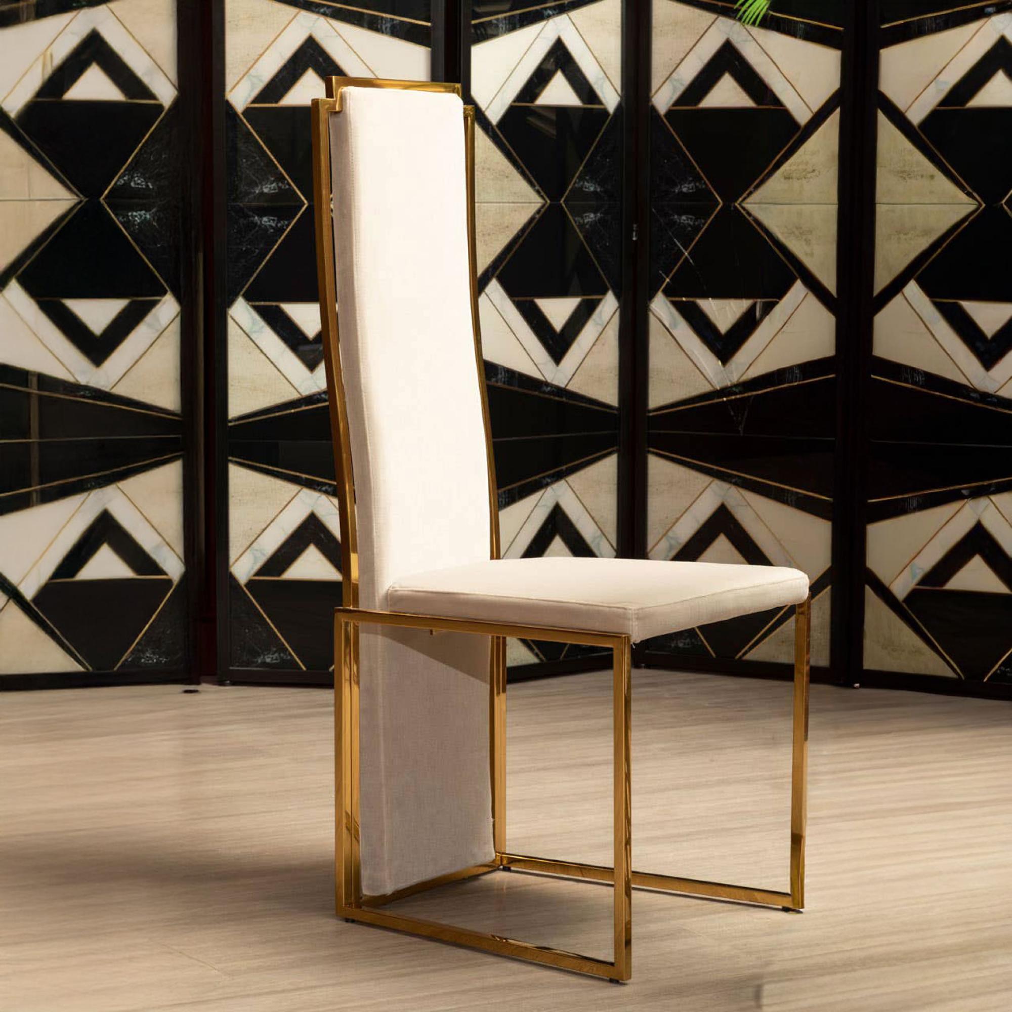 Deana Dining Chair - High Back - Set of 2 - White Fabric with Gold Metal