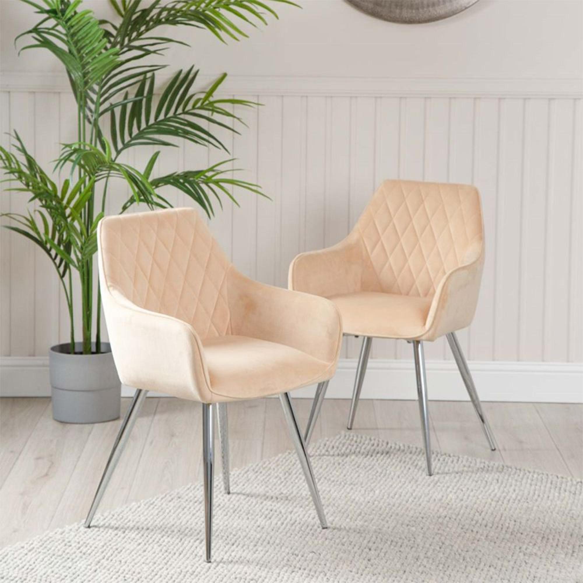 Quinn Dining Chair - Set of 2 - Champagne Velvet Fabric - Chrome Legs