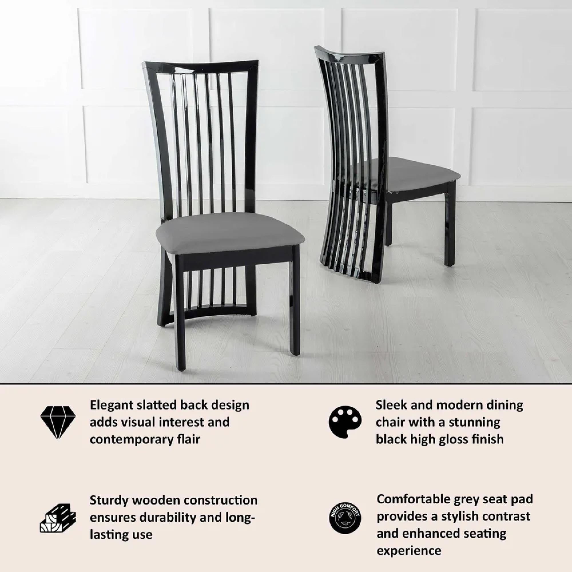 Athena Dining Chair - Slatted Back - Black High Gloss - Grey Seat Pads