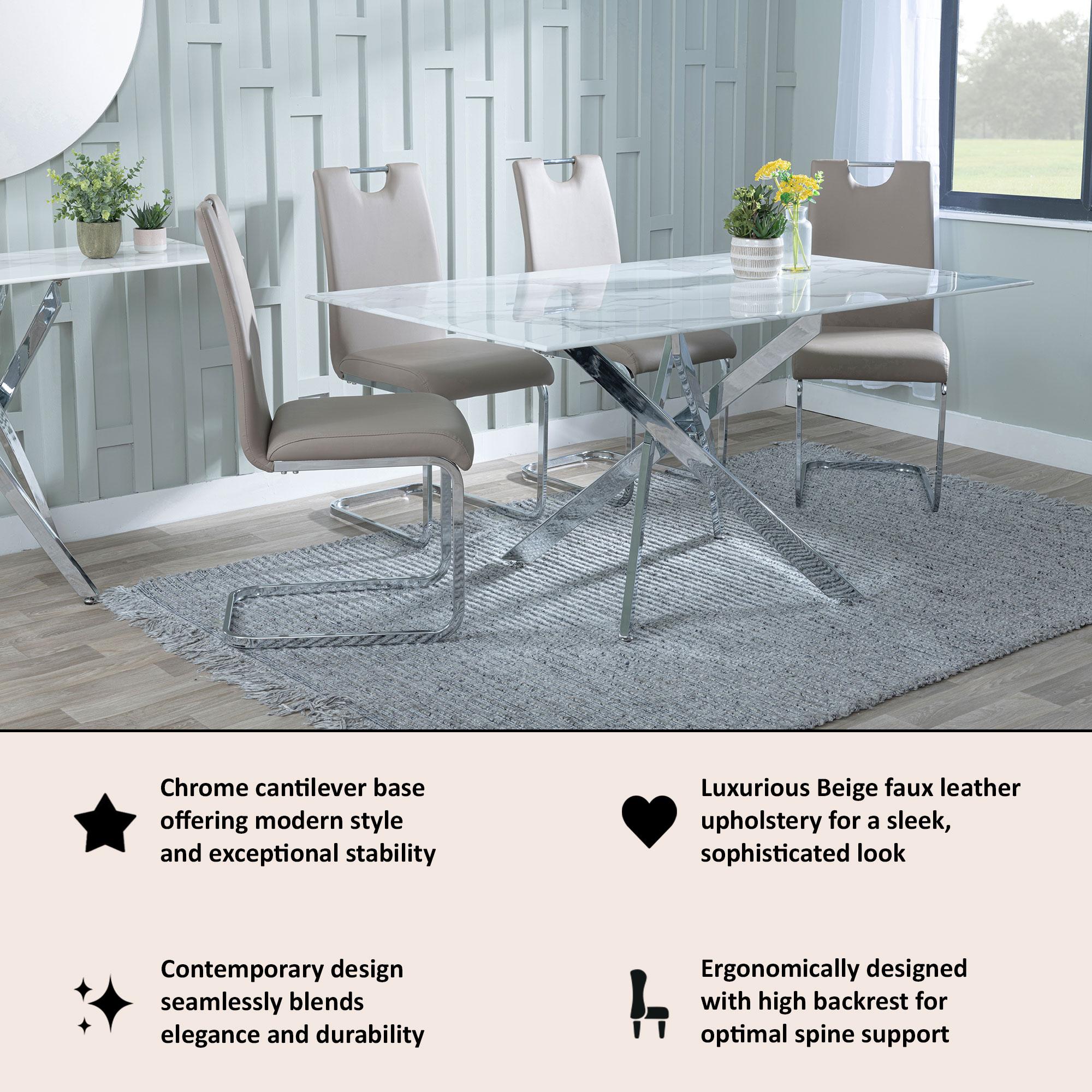 Bianco Dining Chair - Beige Faux Leather - Chrome Cantilever Base
