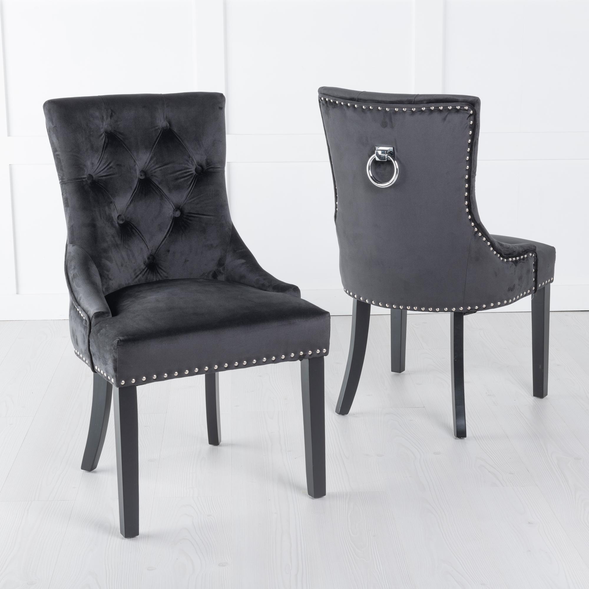 Knocker Back Black Velvet Fabric Dining Chair with Black Wooden Legs