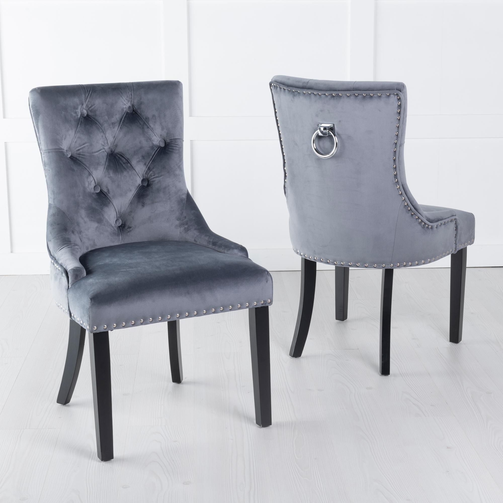 Knocker Back Grey Velvet Fabric Dining Chair with Black Wooden Legs