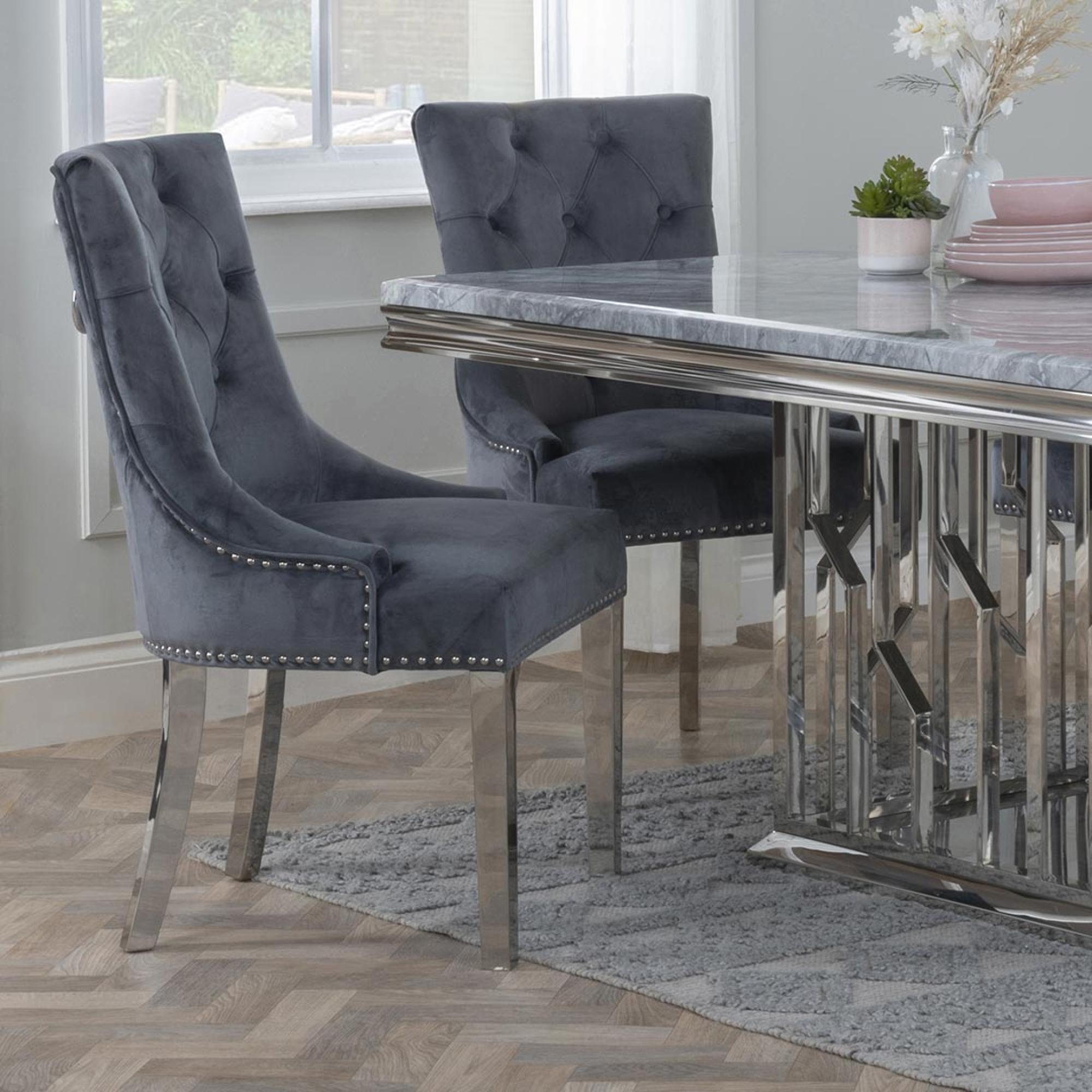 Knocker Back Grey Velvet Fabric Dining Chair with Chrome Legs