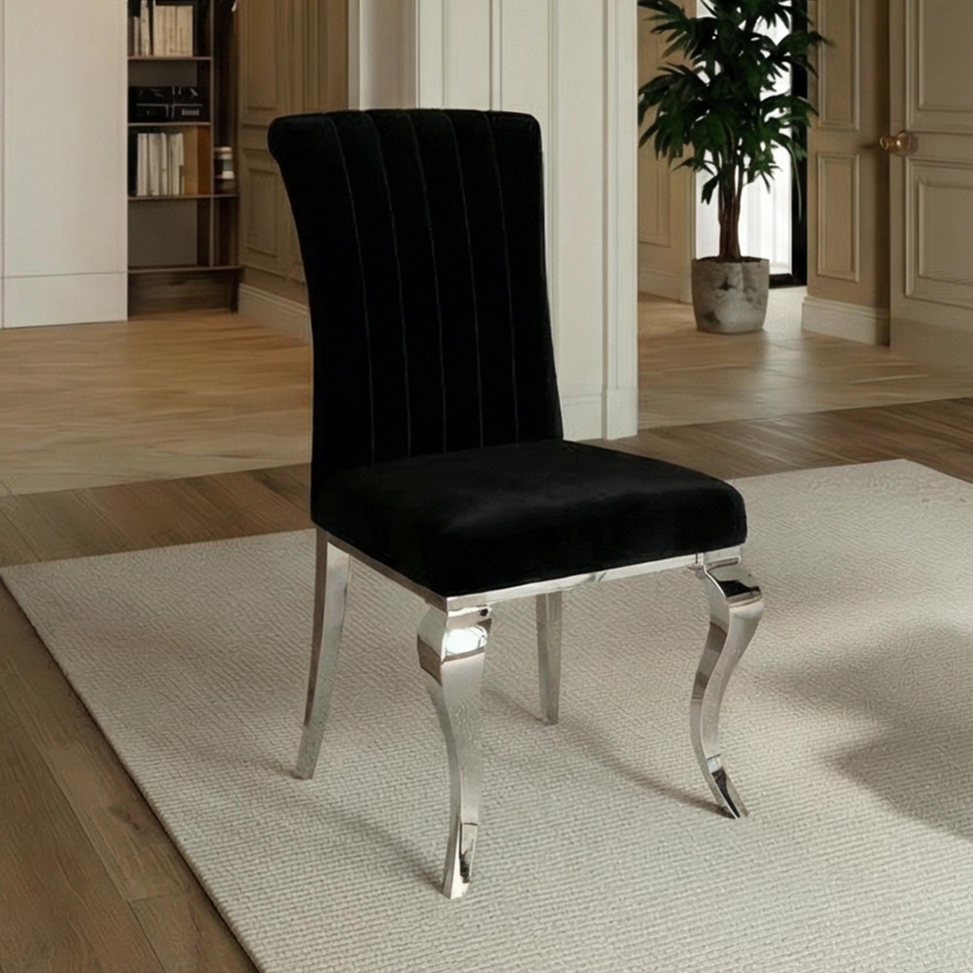Louis Black Velvet Fabric Dining Chair with Chrome Legs