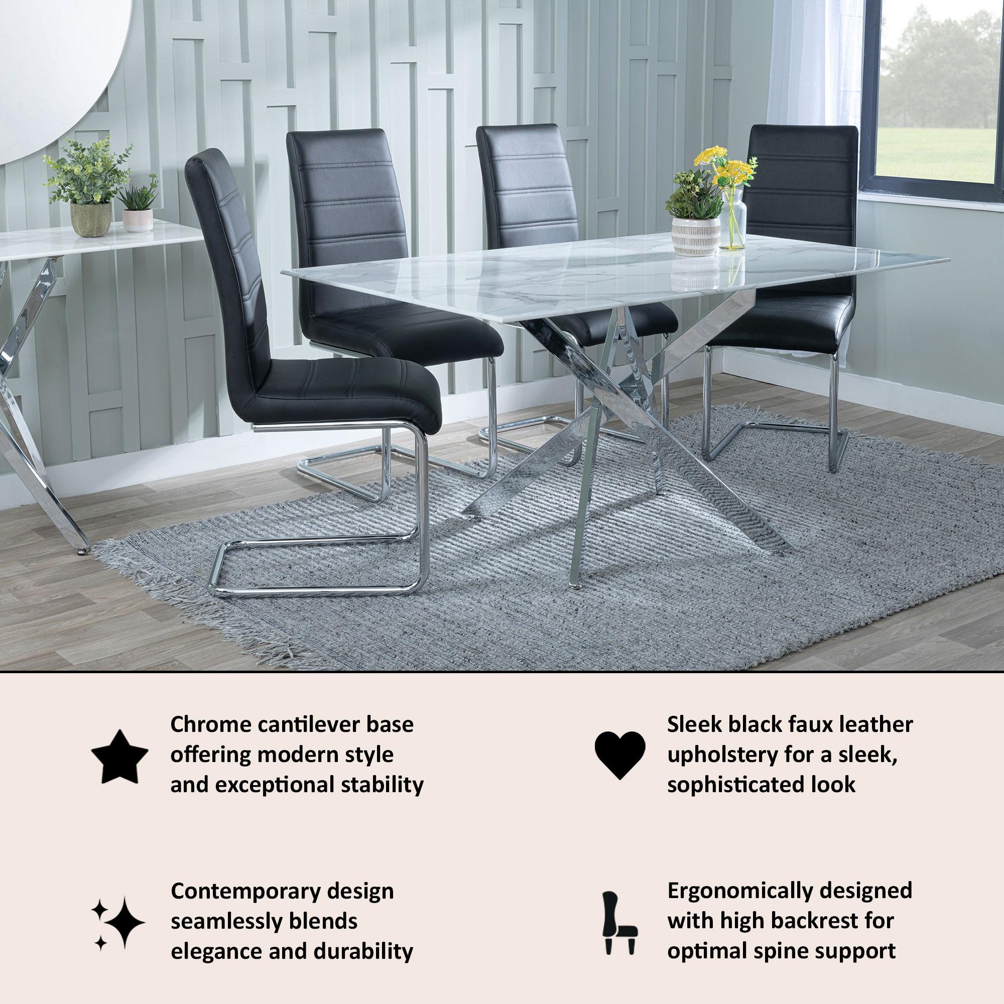 Roma Dining Chair - Black Faux Leather - Chrome Cantilever Base