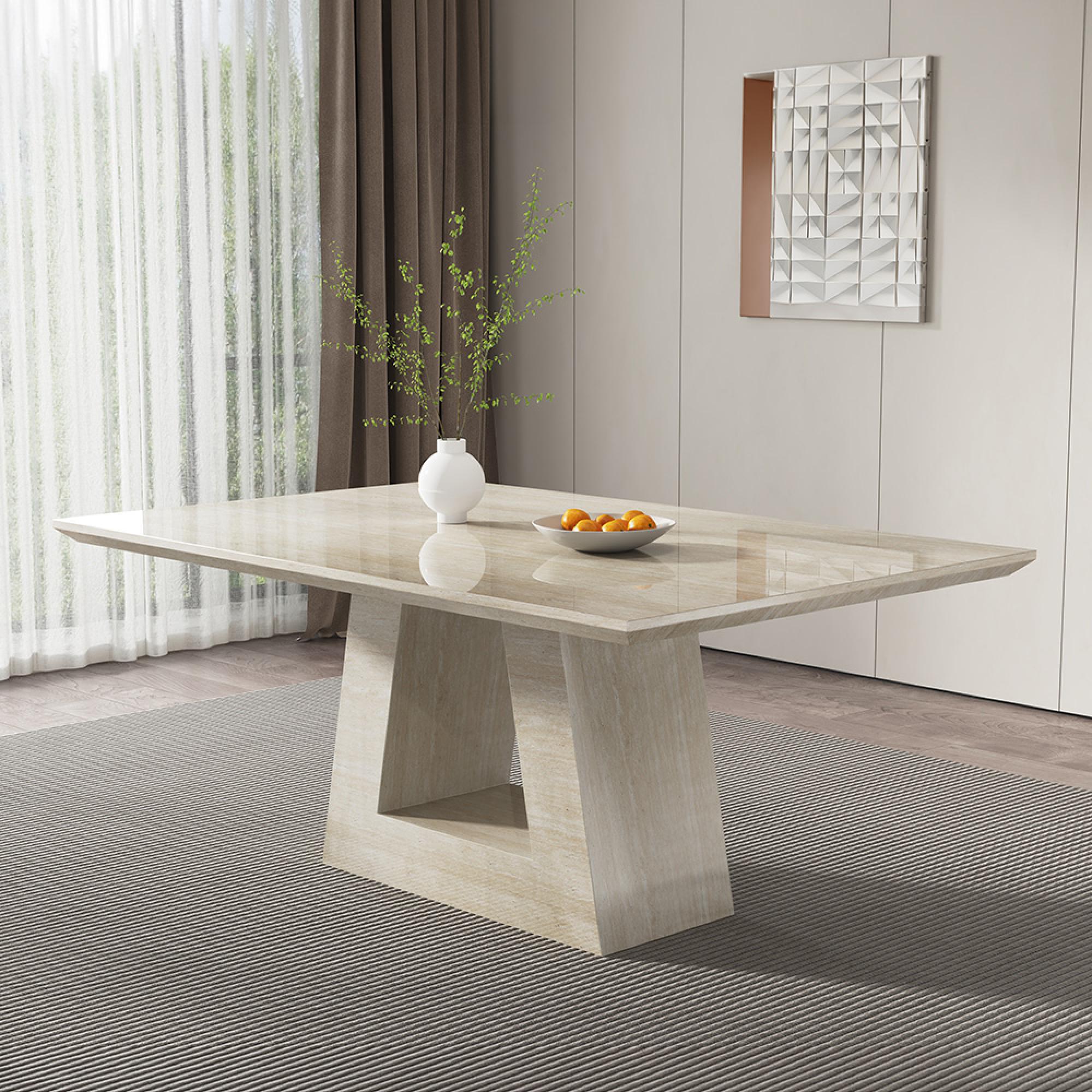 Milan Dining Set - 6 Seater - 160cm - Travertine Beige Engineered Marble - Mimi Dining Chairs - Cream Leather