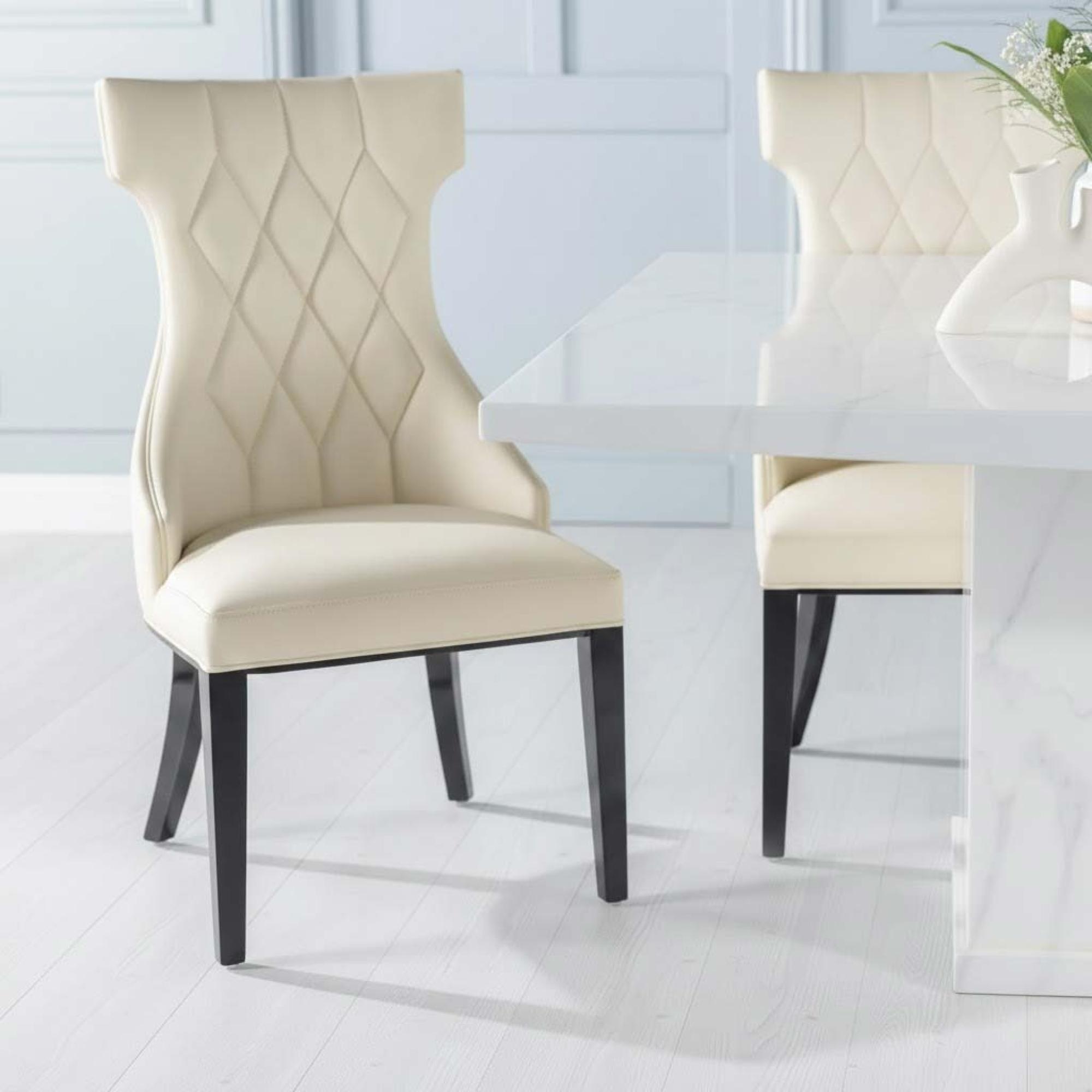 2 x Free Chairs - Turin Dining Set - 8 Seater - 140cm - Square - White Marble - Mimi Chairs - Cream Faux Leather