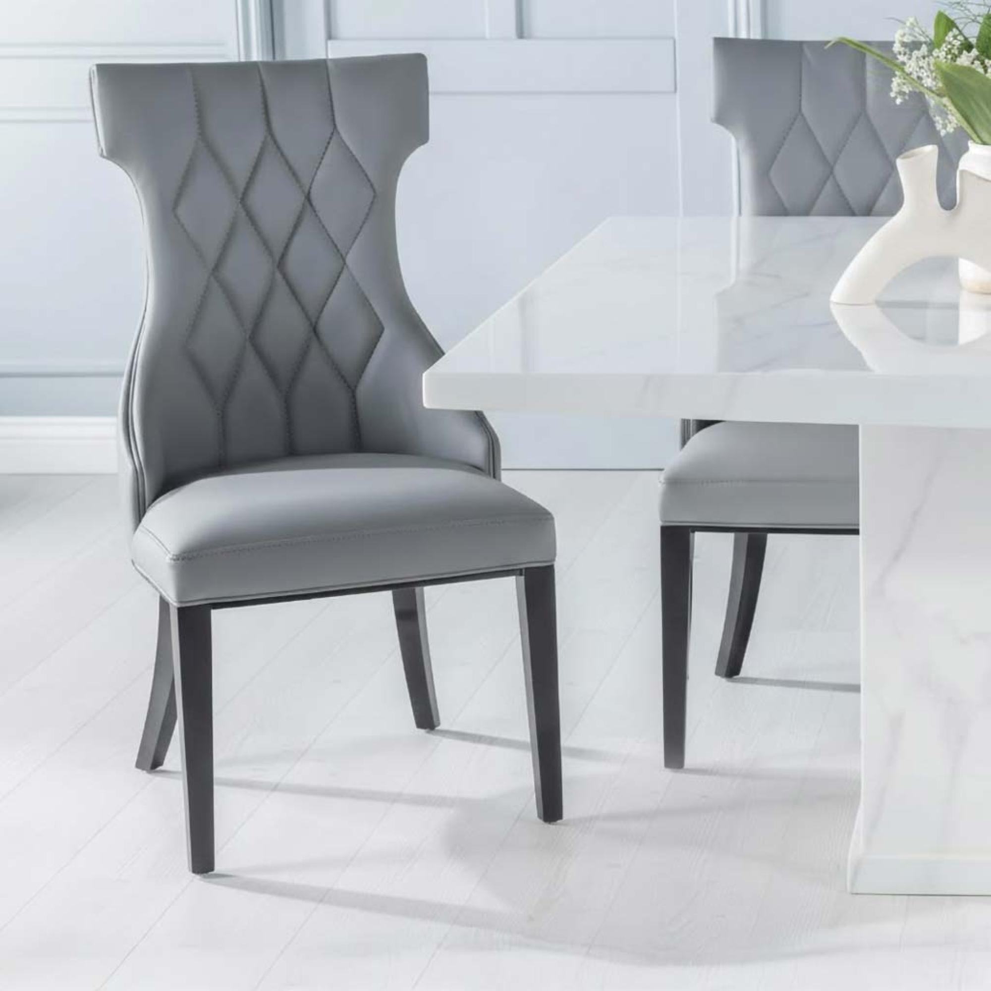 Turin Dining Set - 8 Seater - 140cm - Square - White Marble - Mimi Chairs - Grey Faux Leather
