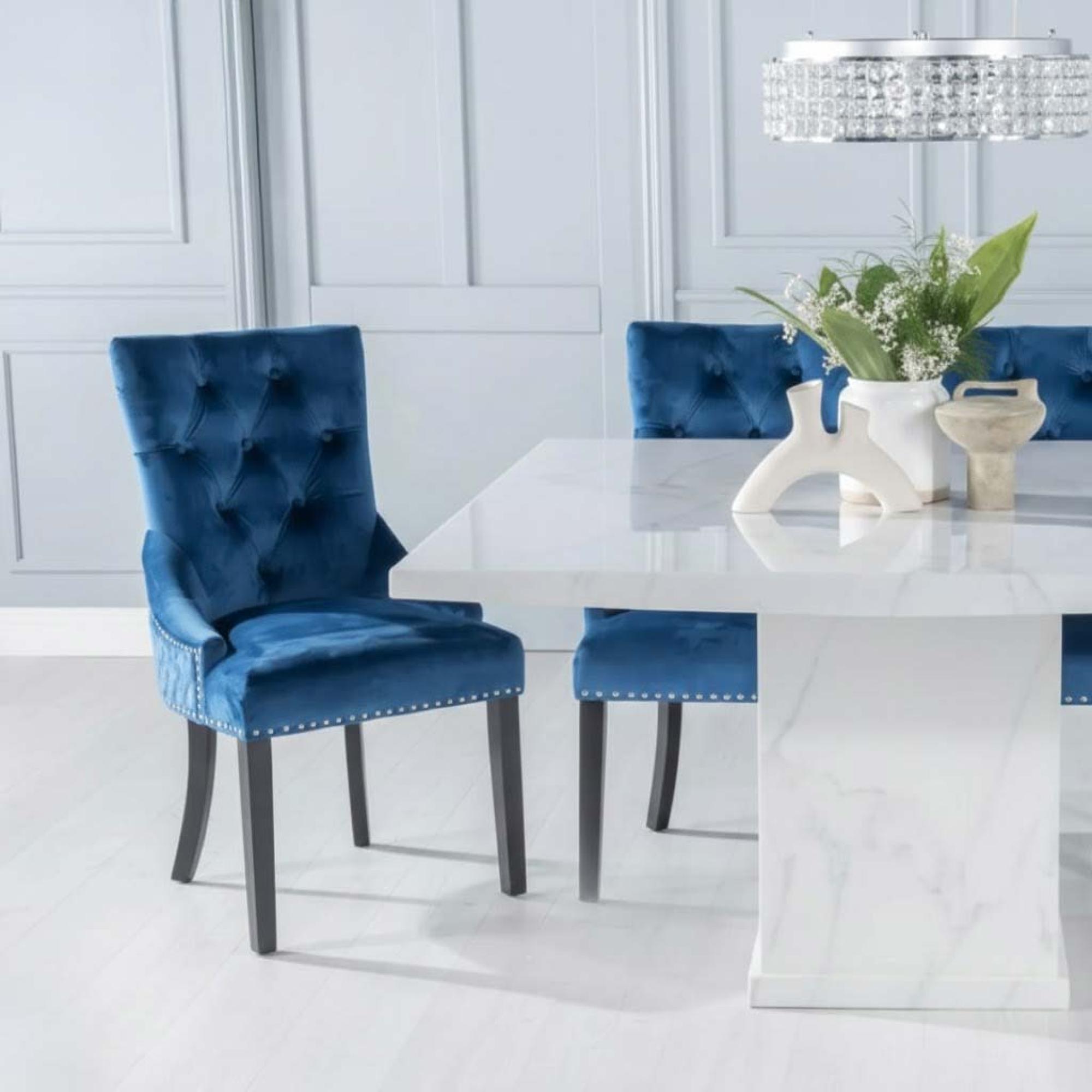 Turin Dining Set - 8 Seater - 140cm - Square - White Marble - Lion Head Ring Back Dining Chairs - Blue Fabric - Black Legs