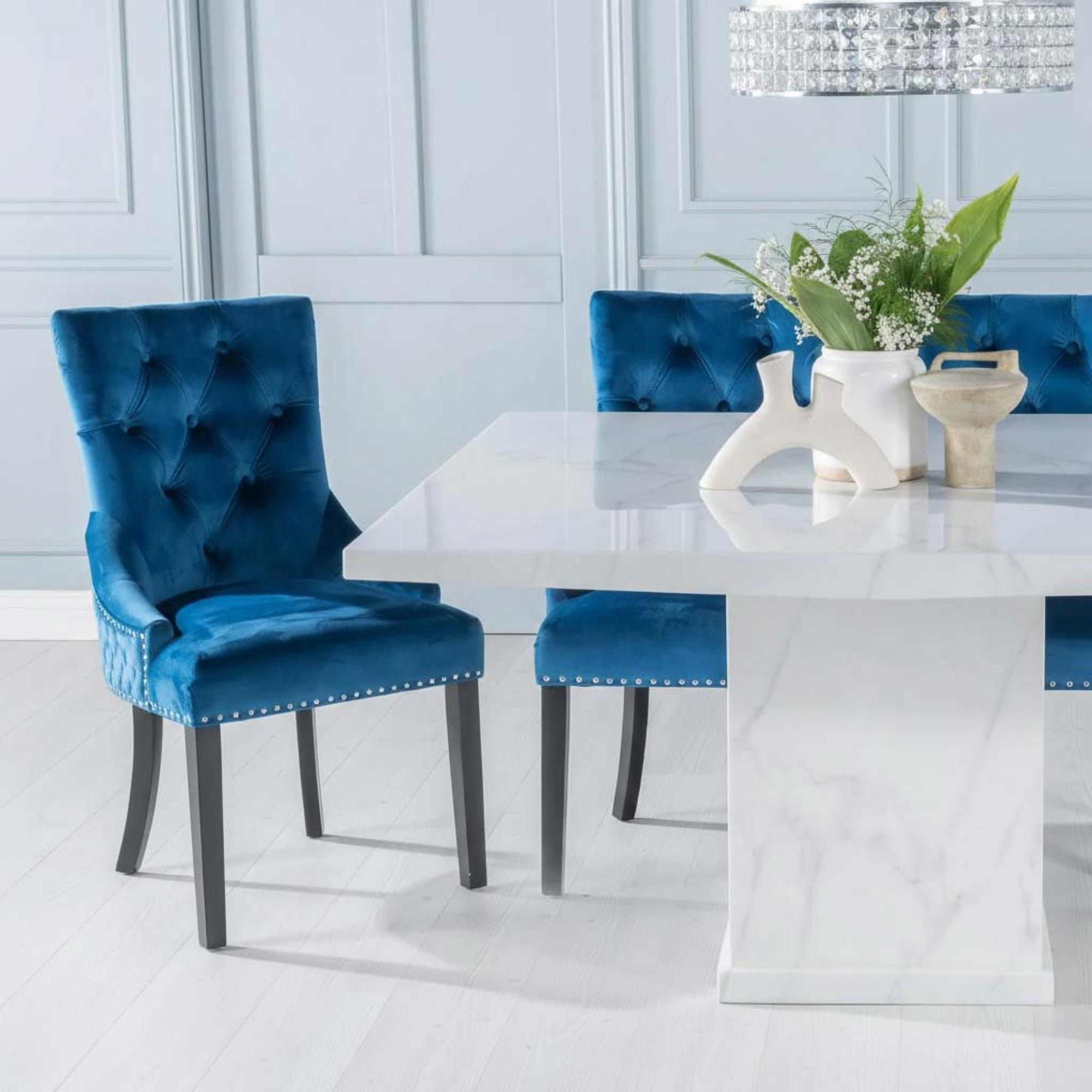 Turin Dining Set - 8 Seater - 140cm - Square - White Marble - Knocker Back Dining Chairs - Blue Fabric - Black Legs