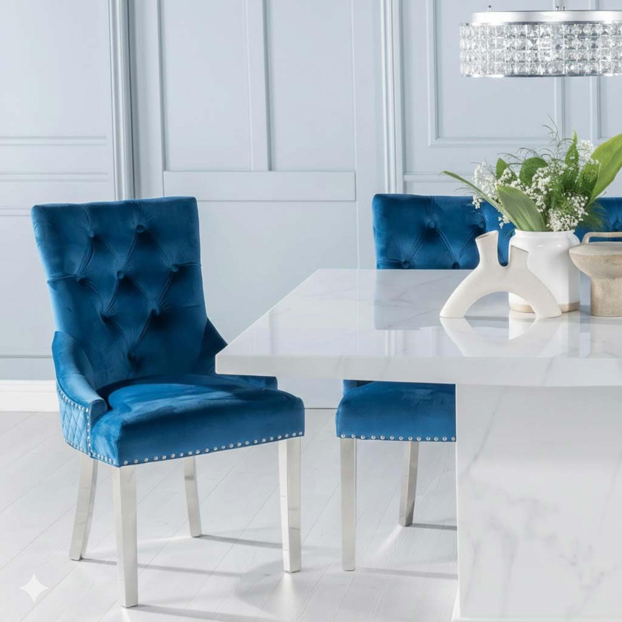 Turin Dining Set - 8 Seater - 140cm - Square - White Marble - Knocker Back Dining Chairs - Blue Fabric - Chrome Legs