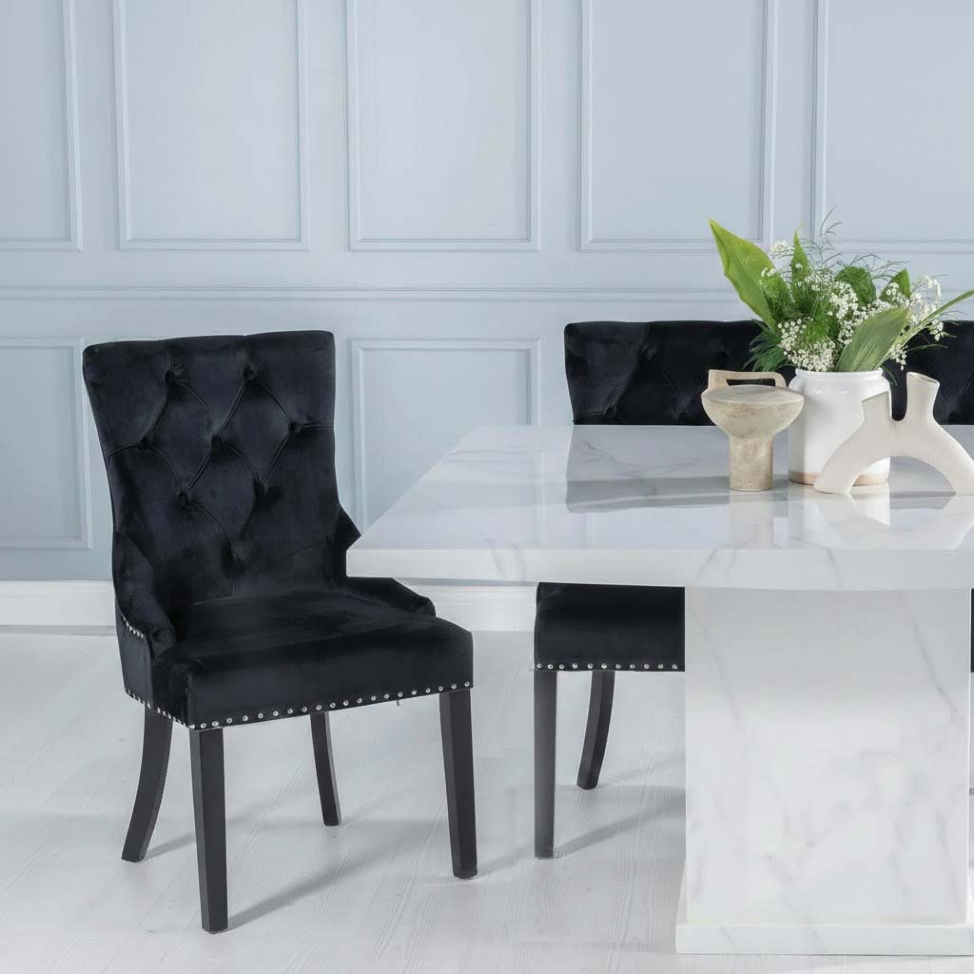 Turin Dining Set - 8 Seater - 140cm - Square - White Marble - Lion Head Ring Back Dining Chairs - Black Fabric - Black Legs