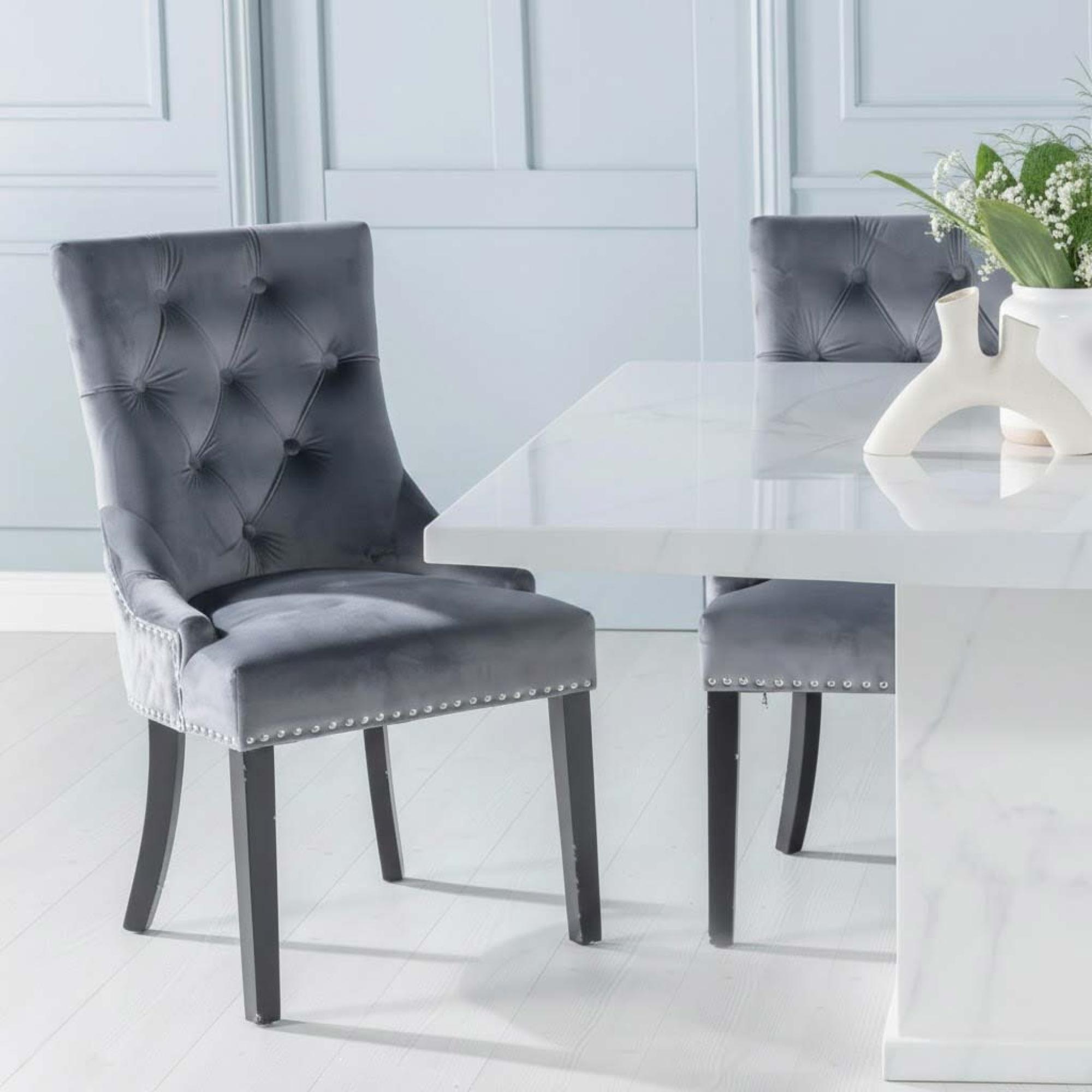Turin Dining Set - 8 Seater - 140cm - Square - White Marble - Lion Head Ring Back Dining Chairs - Grey Fabric - Black Legs