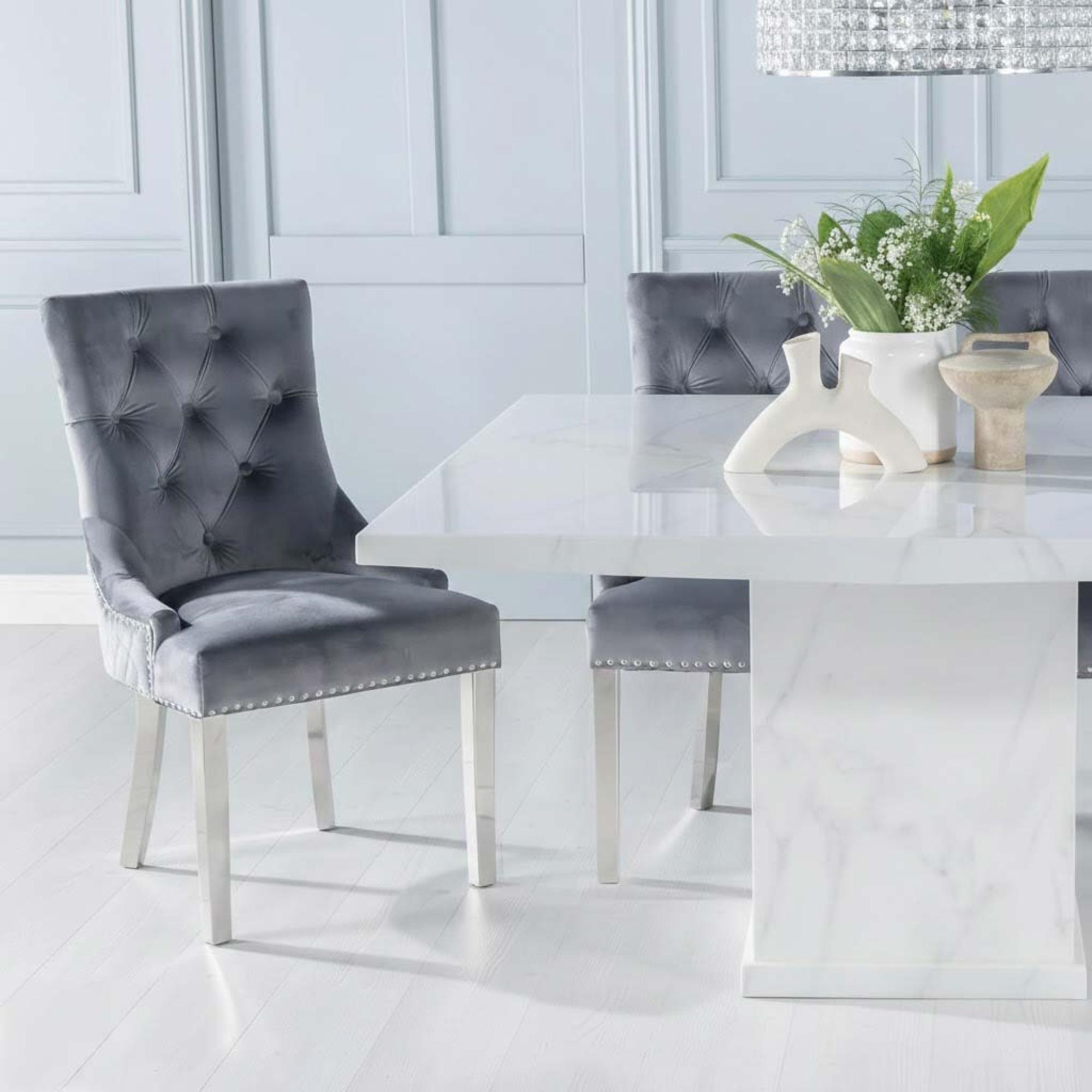 Turin Dining Set - 8 Seater - 140cm - Square - White Marble - Lion Head Ring Back Dining Chairs - Grey Fabric - Chrome Legs