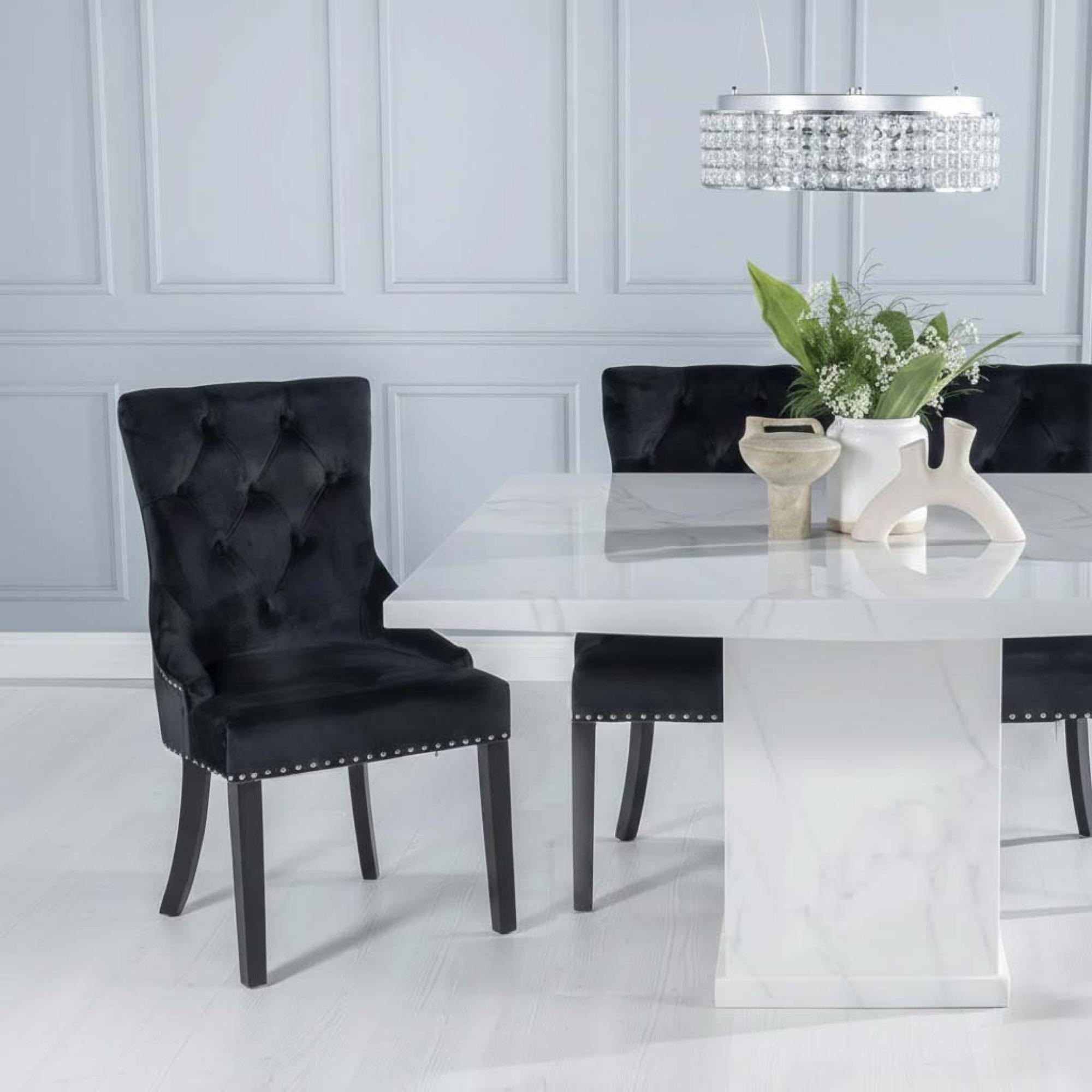 Turin Dining Set - 8 Seater - 140cm - Square - White Marble - Knocker Back Dining Chairs - Black Fabric - Black Legs
