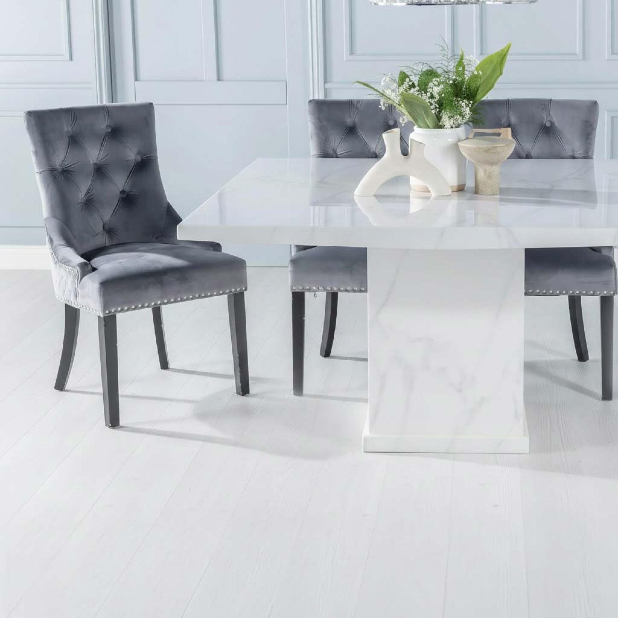 Turin Dining Set - 8 Seater - 140cm - Square - White Marble - Knocker Back Dining Chairs - Grey Fabric - Black Legs