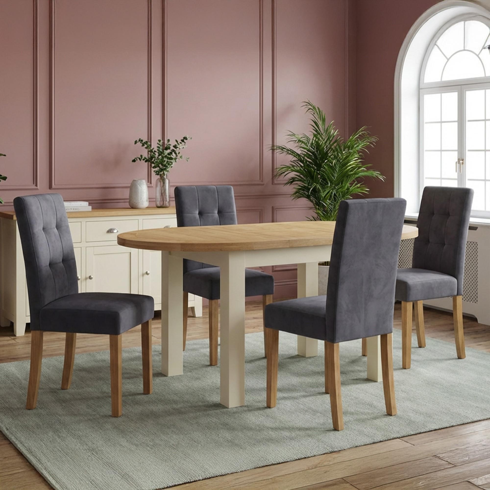 Lundy Oval Extending Dining Set - 4-6 Seater - 130cm-170cm - Ivory Painted - 4 Graphite Fabric Dining Chair