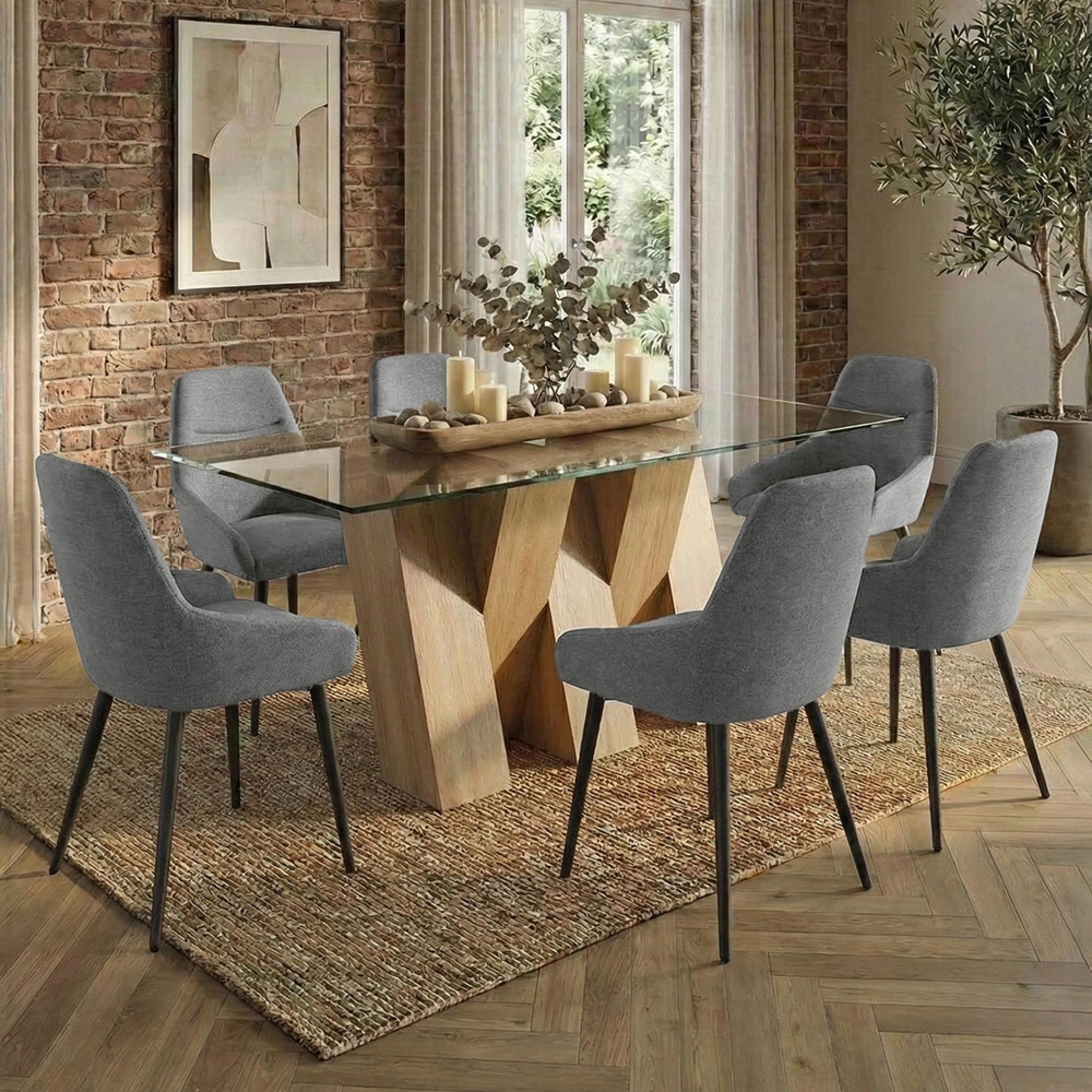Newton Dining Set - 6 Seater - 180cm - Clear Glass and Natural - 6 Claflin Grey Fabric Chair
