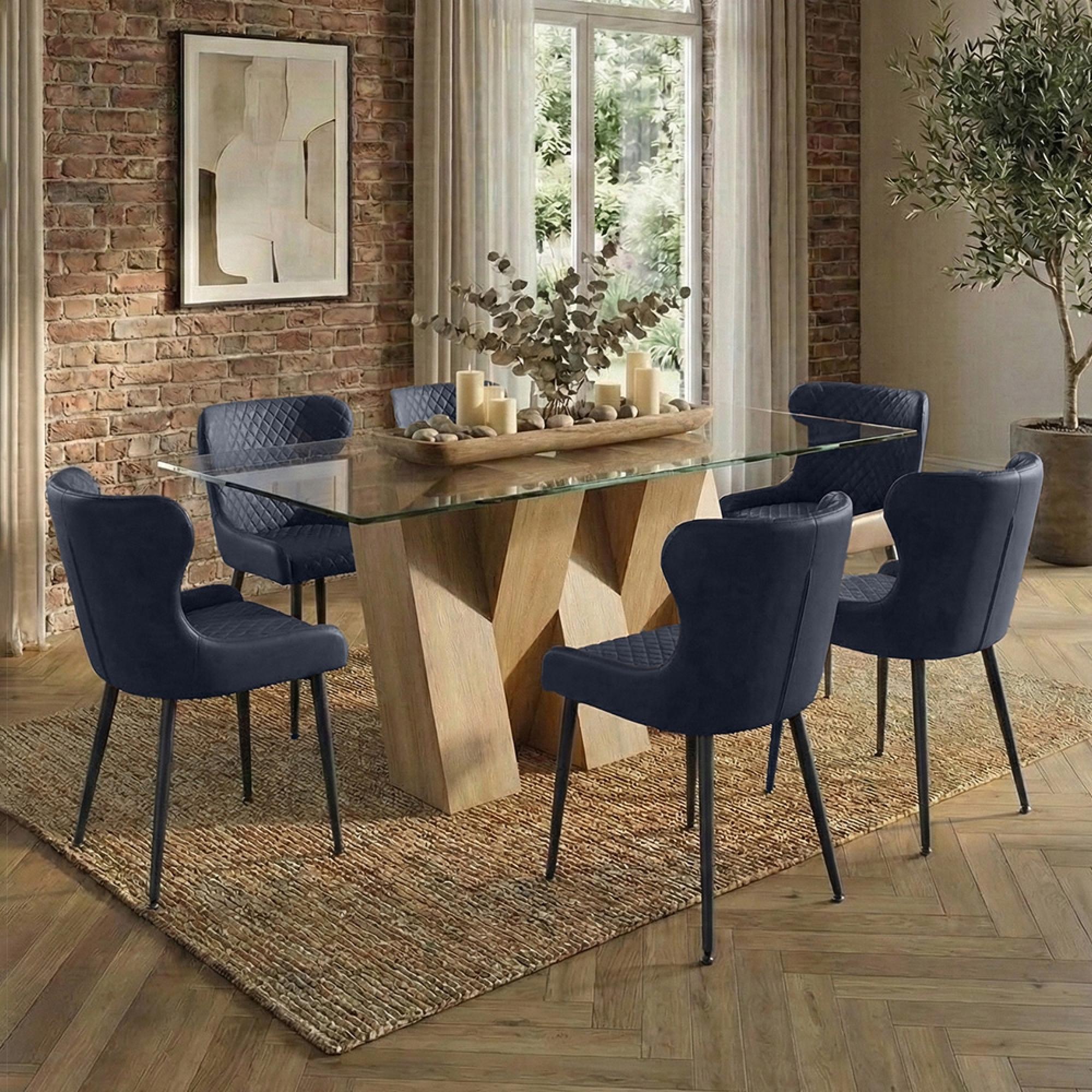 Newton Dining Set - 6 Seater - 180cm - Clear Glass and Natural - 6 Langley Grey Faux Leather Chair