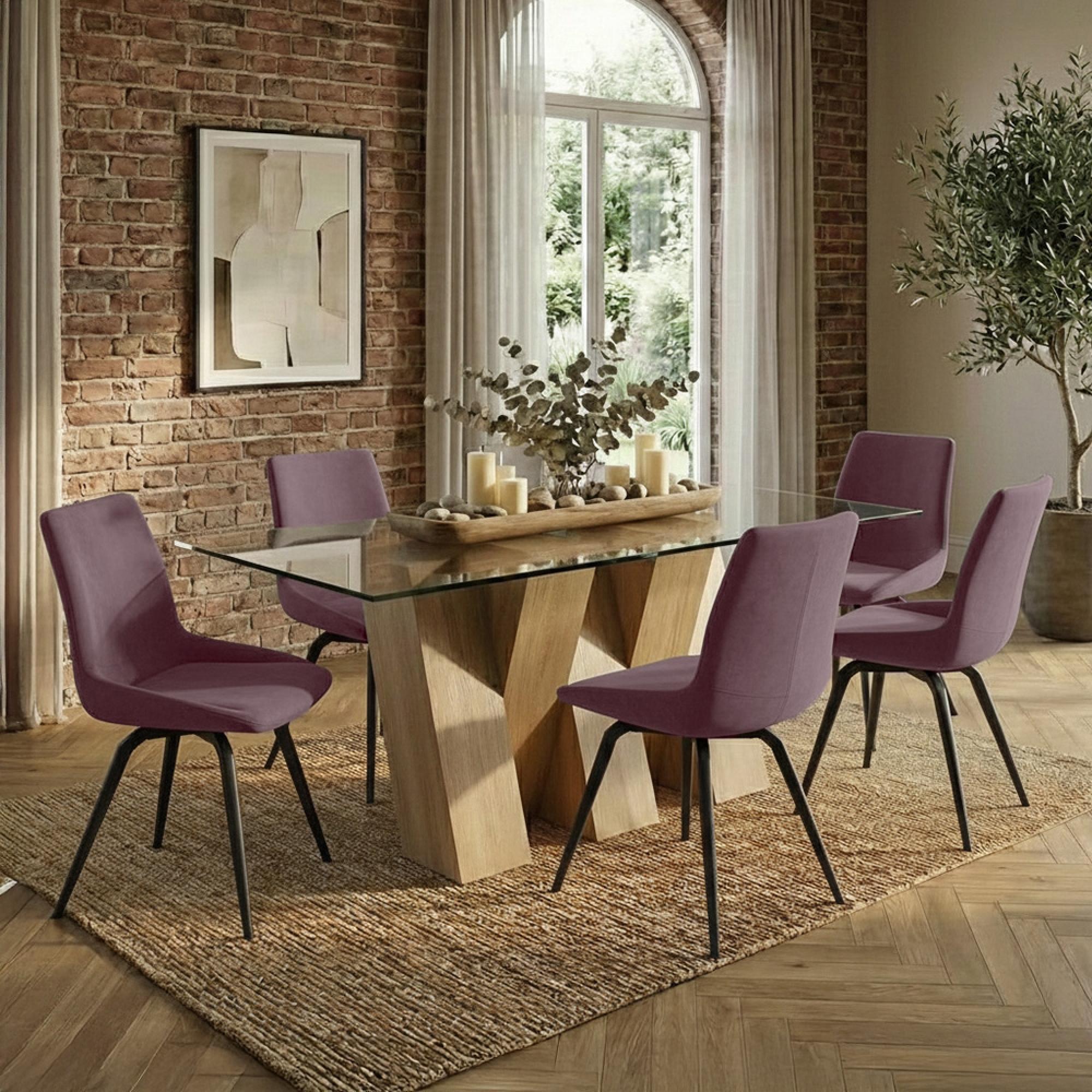 Newton Dining Set - 6 Seater - 180cm - Clear Glass and Natural - 6 Malcom Pink Fabric Swivel Chair