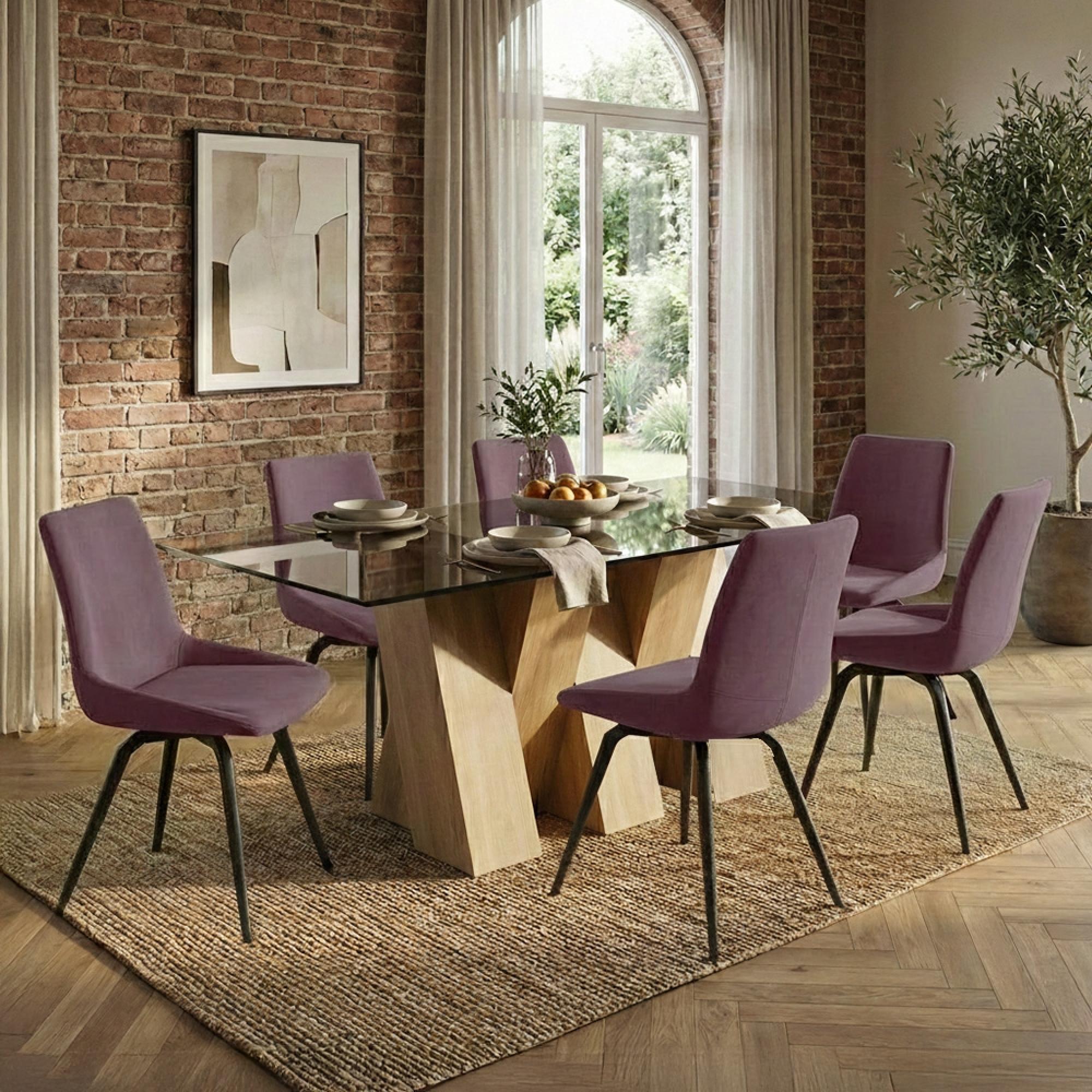 Newton Dining Set - 6 Seater - 180cm - Smoked Glass and Natural - 6 Malcom Pink Fabric Swivel Chair