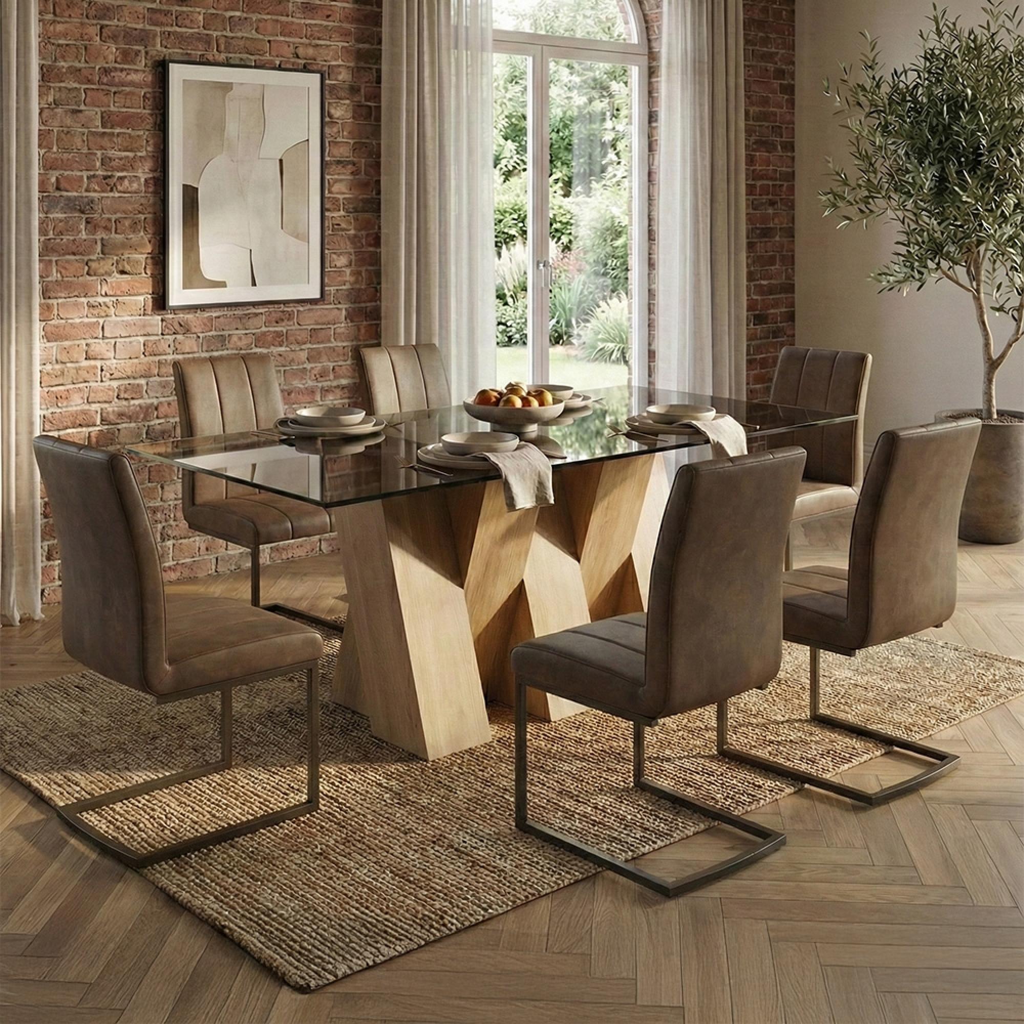 Newton Dining Set - 6 Seater - 180cm - Smoked Glass and Natural - 6 Tira Vintage Brown Faux Leather Cantilever Chair