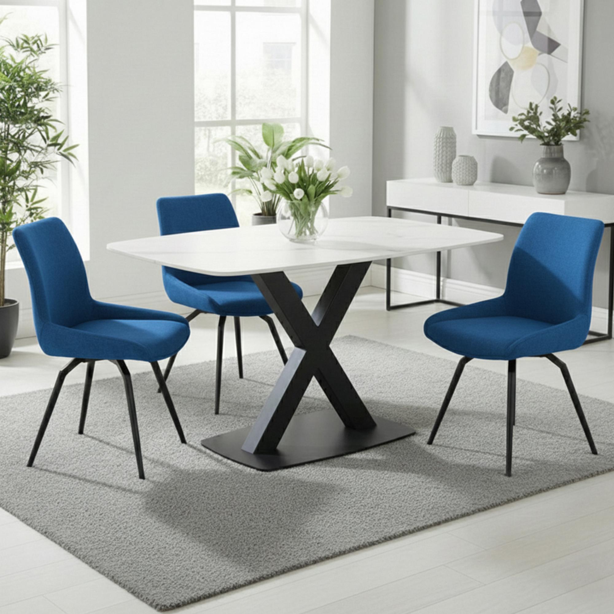 Vernal Dining Set - 4 Seater - 130cm - White Sintered Stone - 4 Malcom Blue Fabric Swivel Chair