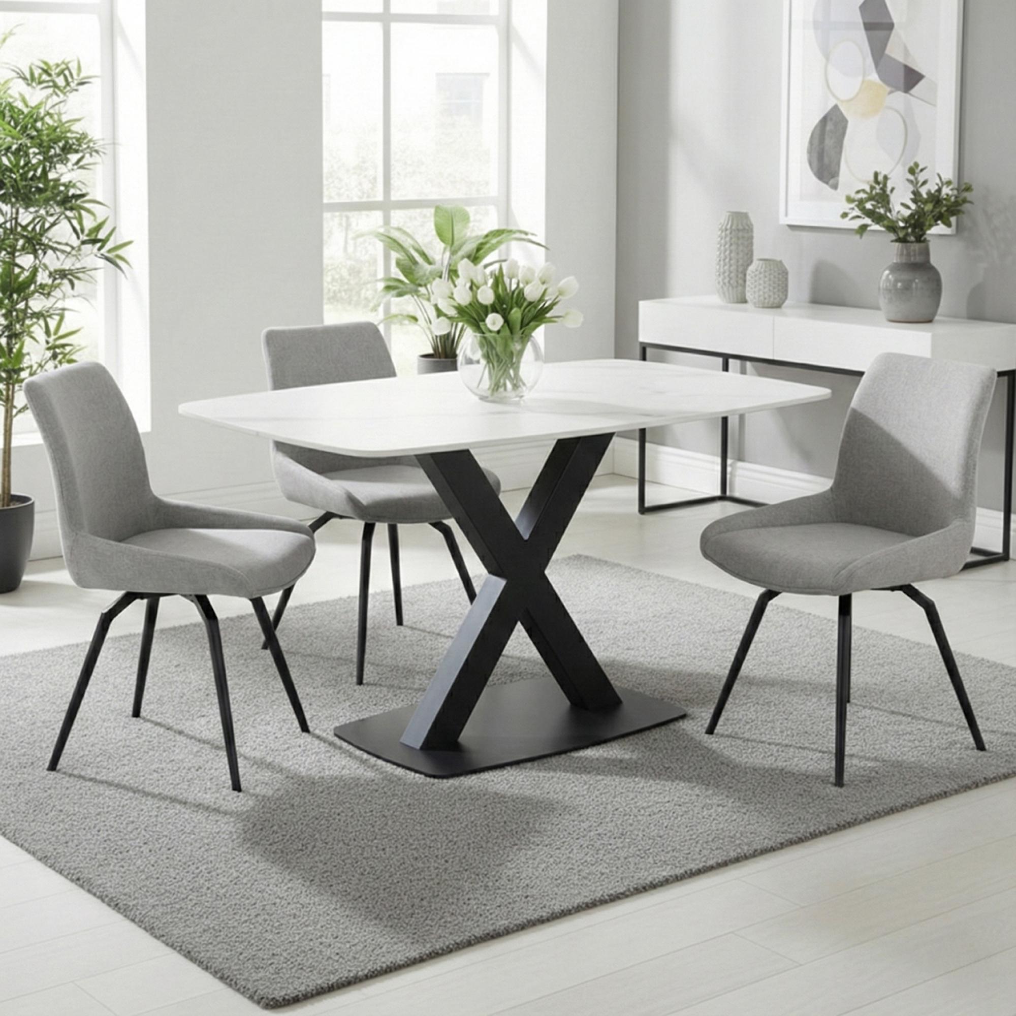 Vernal Dining Set - 4 Seater - 130cm - White Sintered Stone - 4 Malcom Grey Fabric Swivel Chair