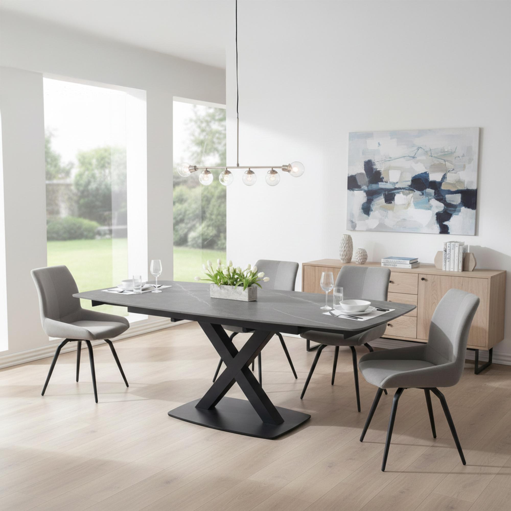 Vernal Extending Dining Set - 4-8 Seater - 140cm-200cm - Grey Sintered Stone - 4 Malcom Grey Fabric Swivel Chair