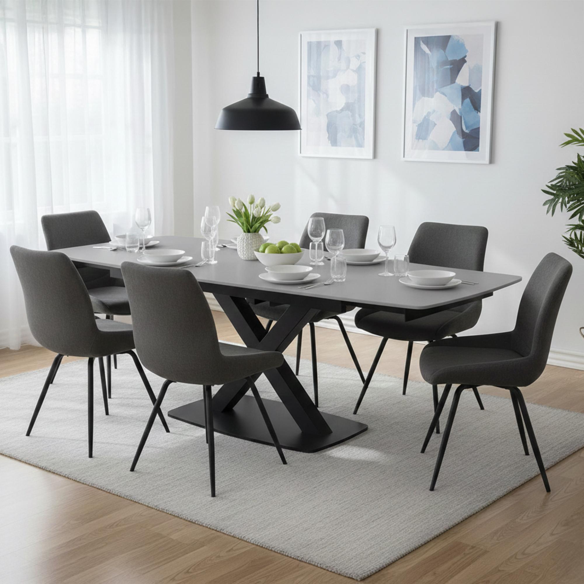 Vernal Extending Dining Set - 6-8 Seater - 160cm-240cm - Grey Sintered Stone - 6 Malcom Dark Grey Fabric Swivel Chair