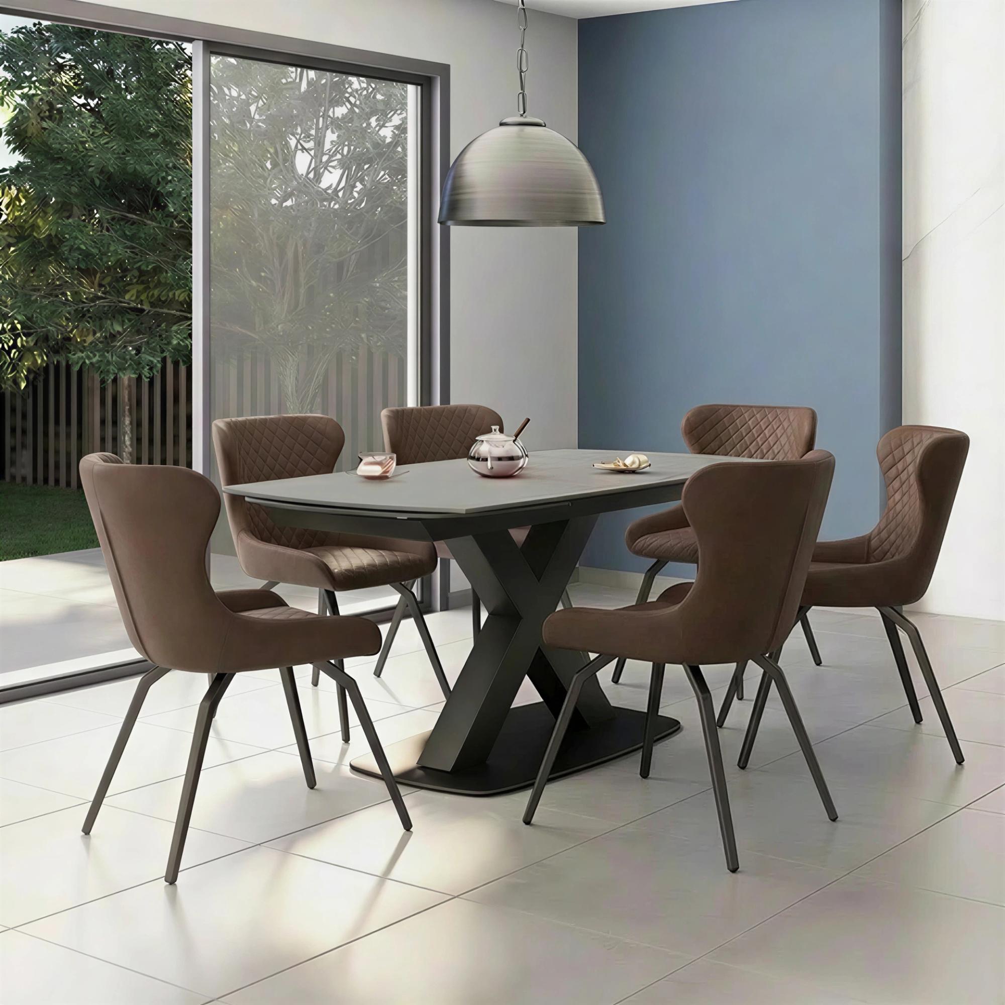 Vernal Extending Dining Set - 6-8 Seater - 160cm-240cm - Grey Sintered Stone - 6 Langley Brown Faux Leather Chair
