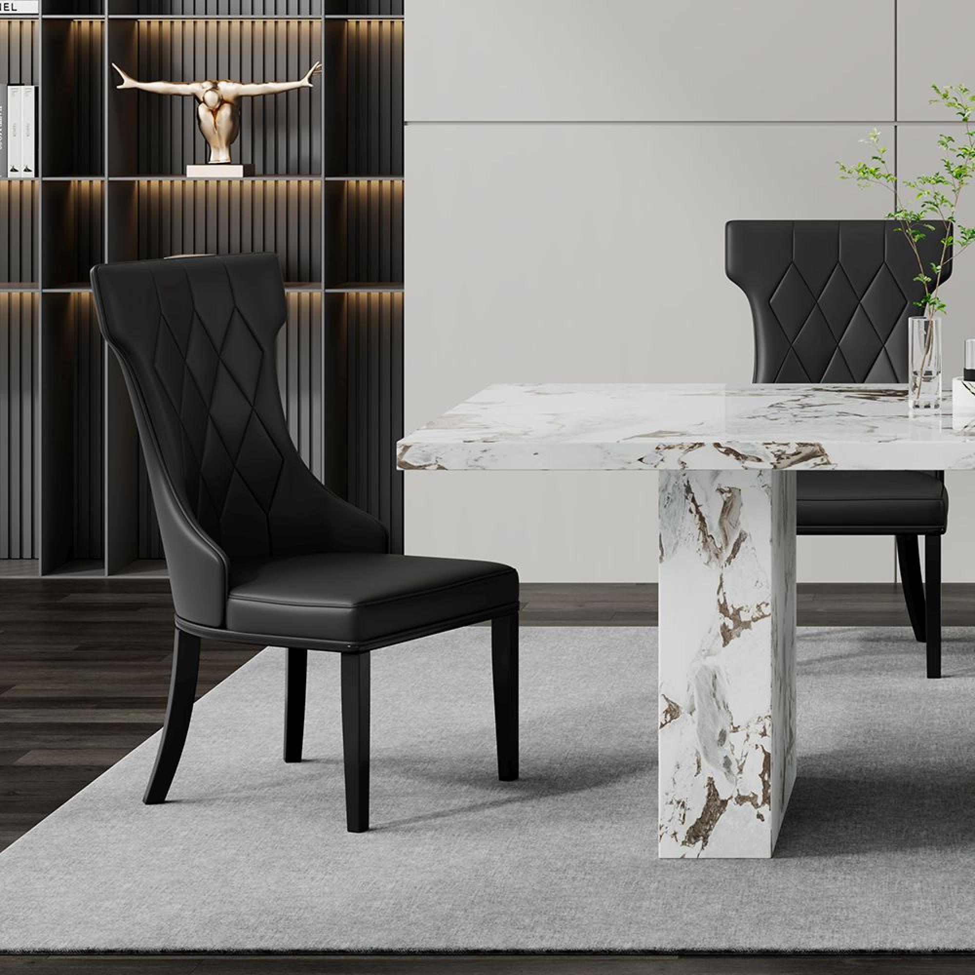Viola Dining Set - 8 Seater - 200cm - White Marble - Mimi Dining Chairs - Black Leather - Large High Back