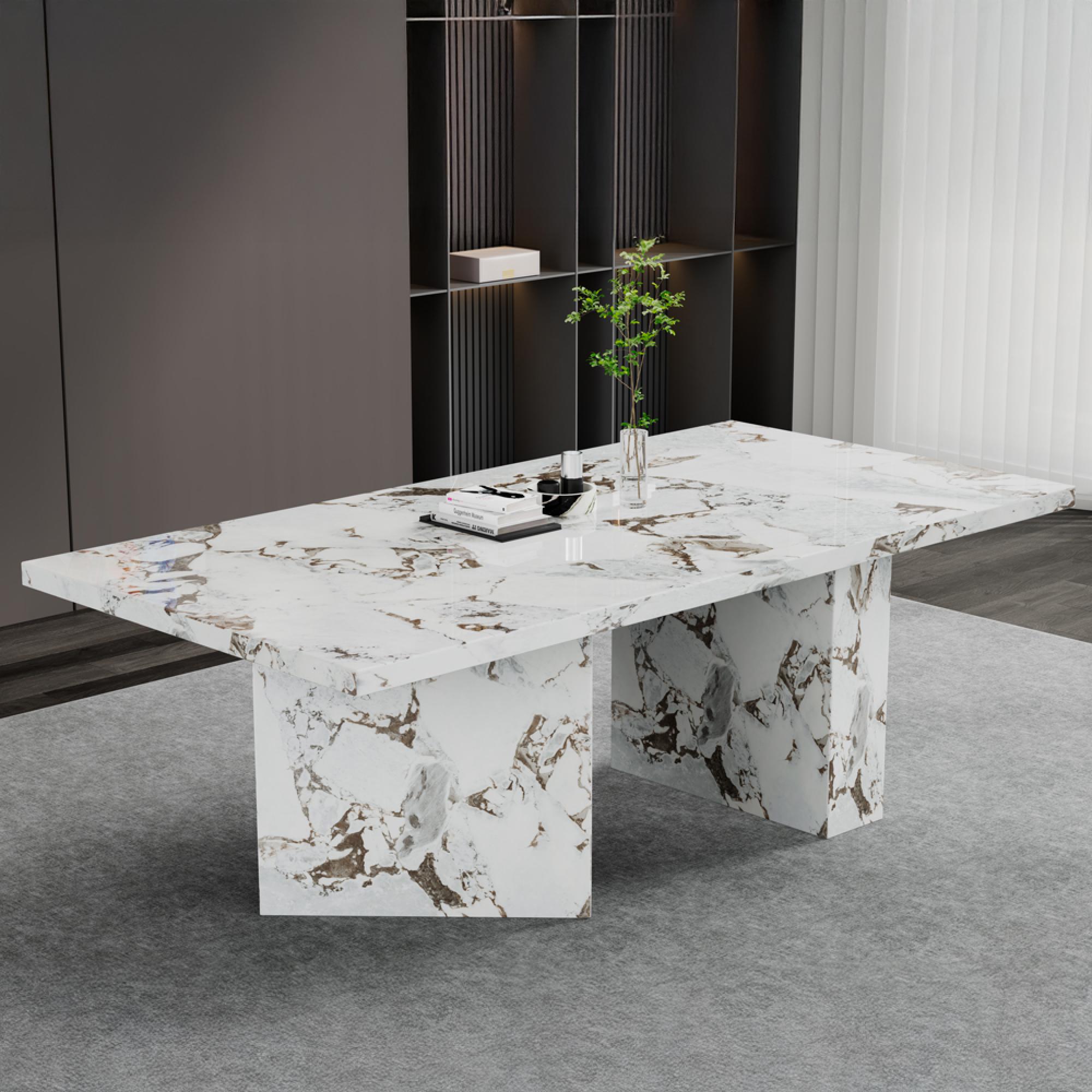 Viola Dining Set - 8 Seater - 200cm - White Marble - Mimi Dining Chairs - Cream Leather - Large High Back