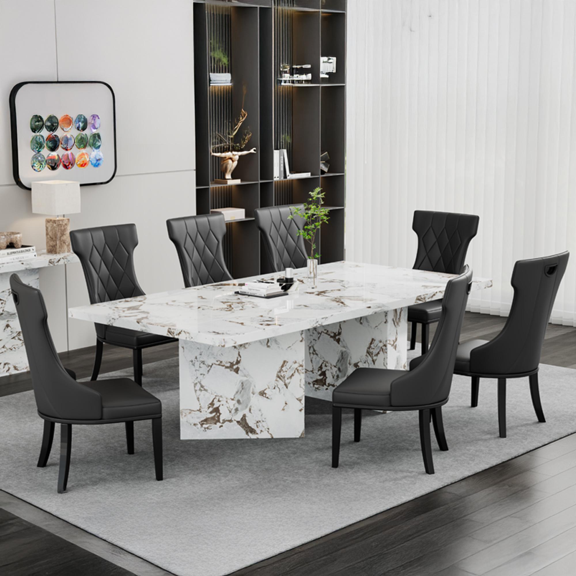 Viola White Marble Dining Set - Mimi Black Leather Large High Back Dining Chair