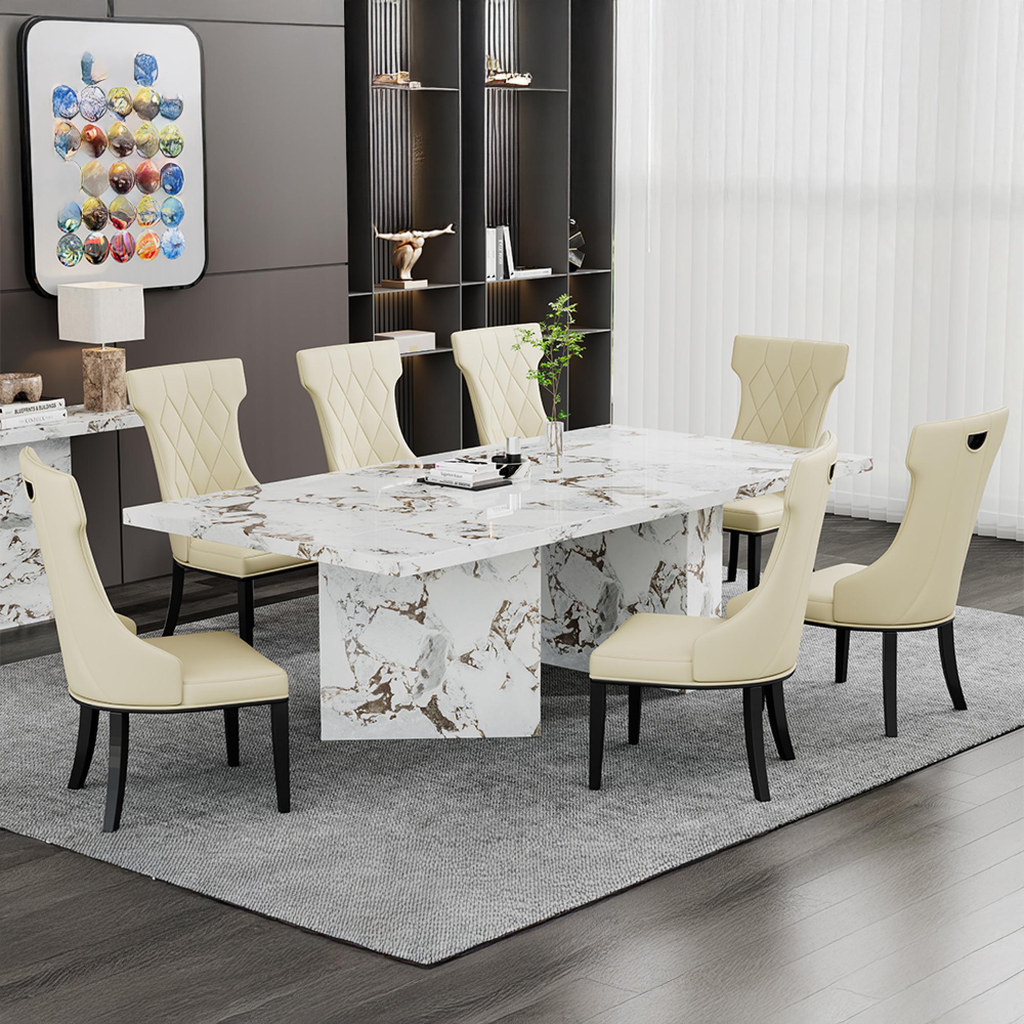 Viola White Marble Dining Set - Mimi Cream Leather Large High Back Dining Chair