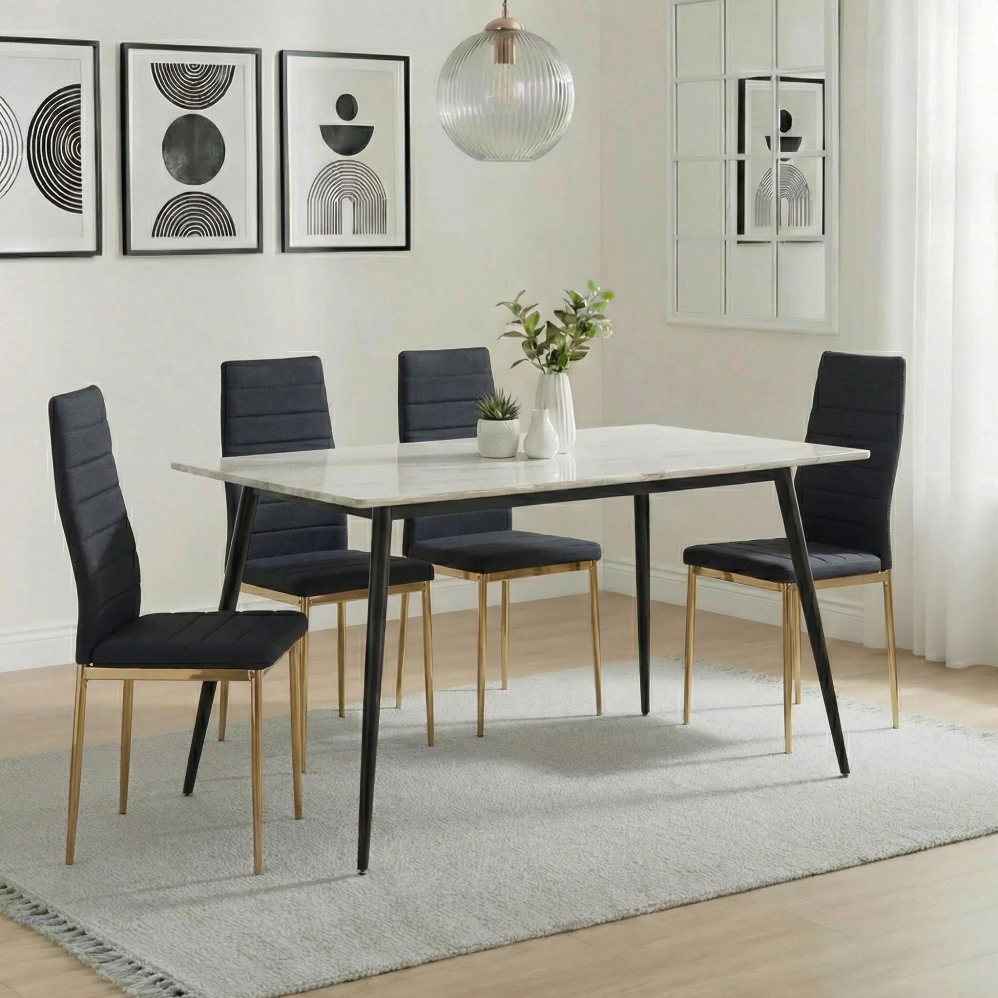 2 x Free Chairs - Breton Compact Dining Set - 4 Seater - 120cm - White Ceramic - 2x Lido Dining Chairs - Black Fabric - Gold Legs