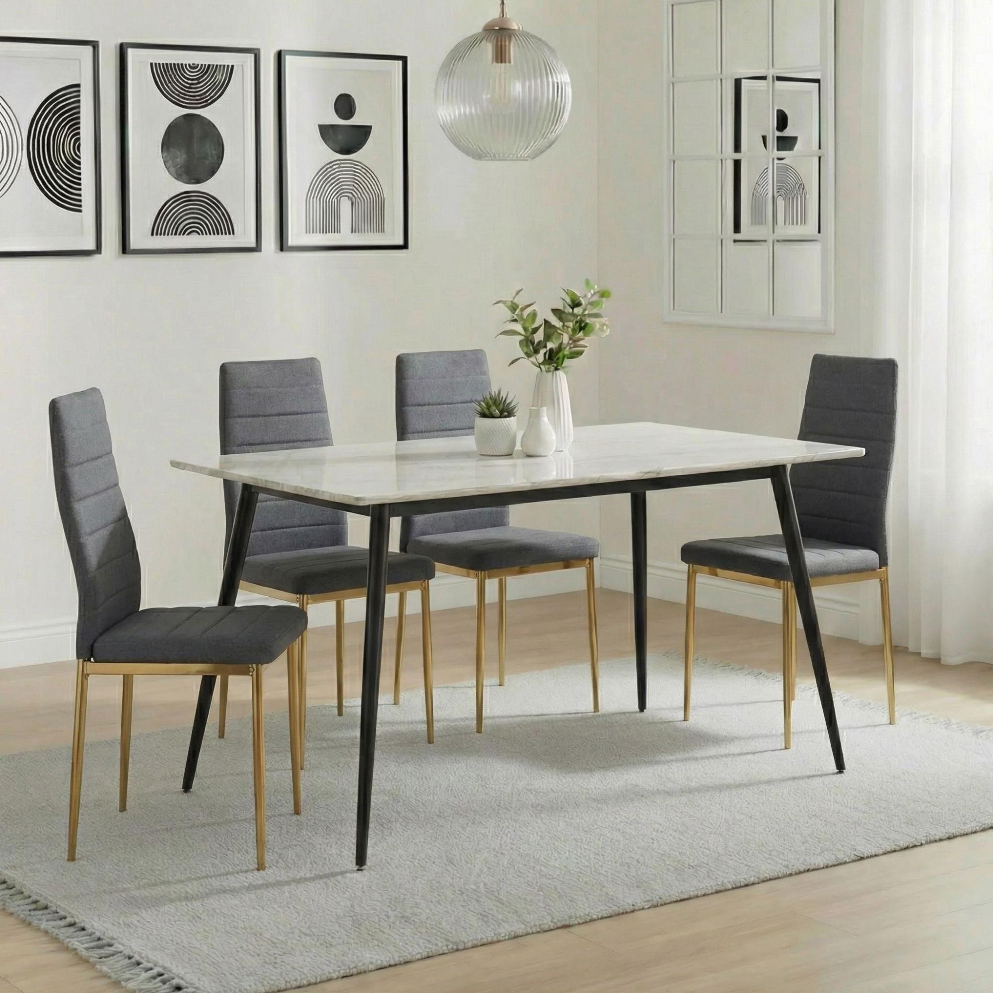 2 x Free Chairs - Breton Compact Dining Set - 4 Seater - 120cm - White Ceramic - 2x Lido Dining Chairs - Dark Grey Fabric - Gold Legs