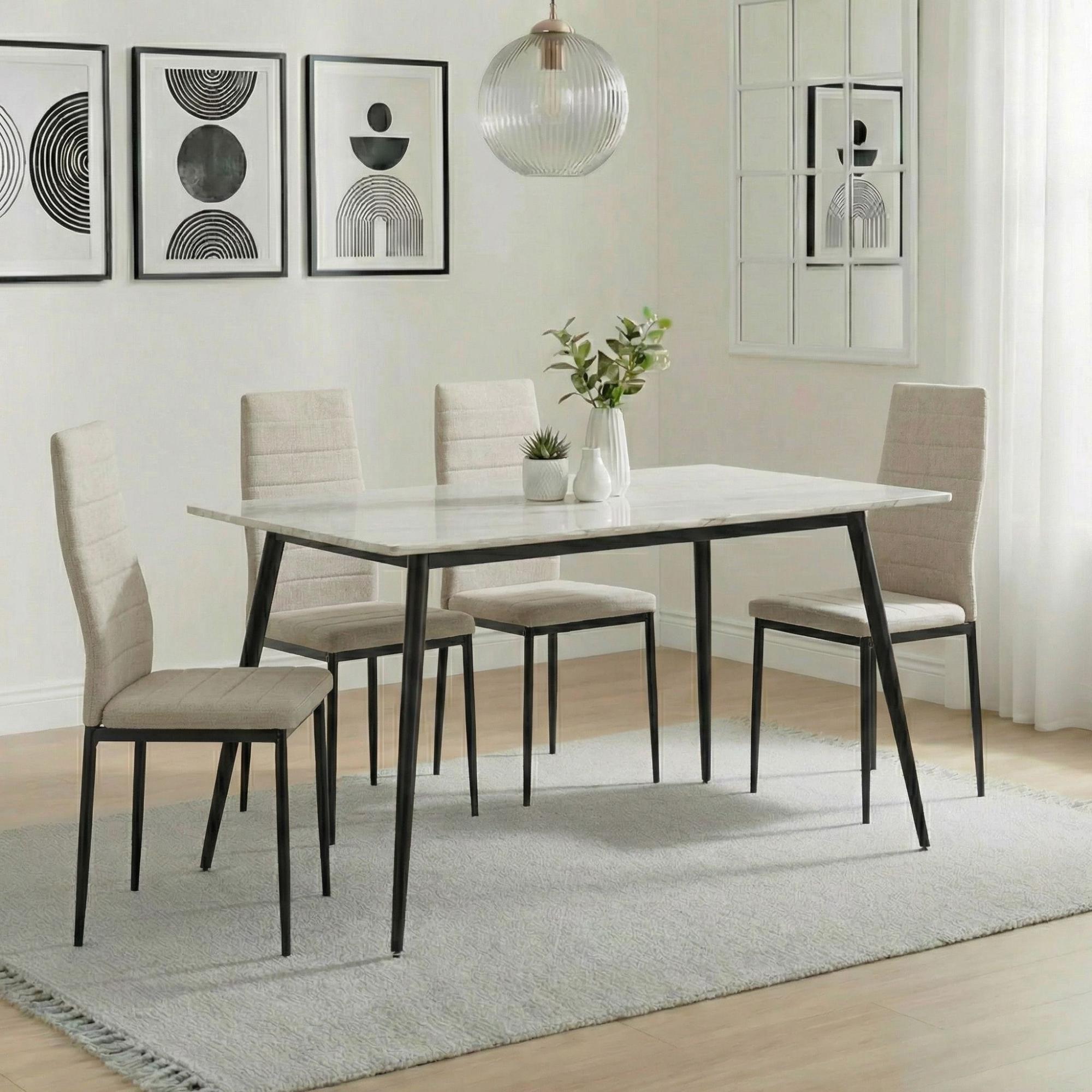 2 x Free Chairs - Breton Compact Dining Set - 4 Seater - 120cm - White Ceramic - 2x Lido Dining Chairs - Sand Fabric - Black Legs