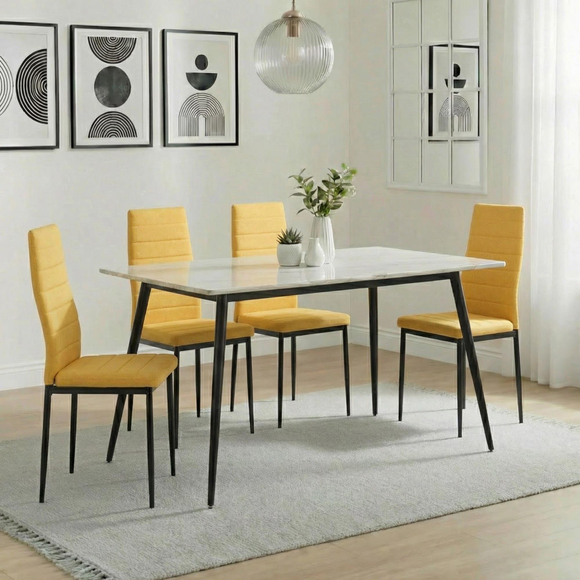 2 x Free Chairs - Breton Compact Dining Set - 4 Seater - 120cm - White Ceramic - 2x Lido Dining Chairs - Yellow Fabric - Black Legs